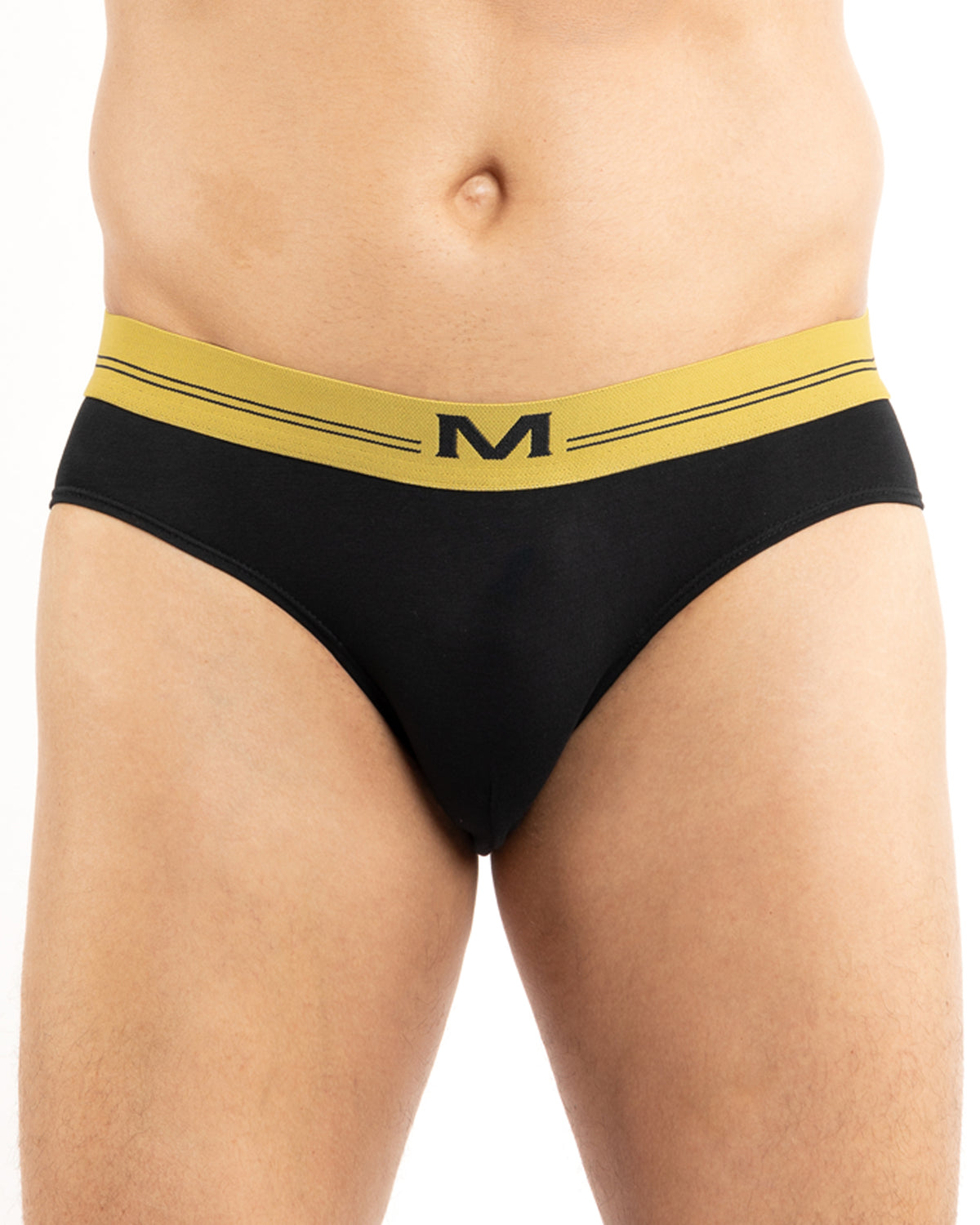 Lot Slips taille basse en coton biologique – Slip noir avec ceinture jaune.