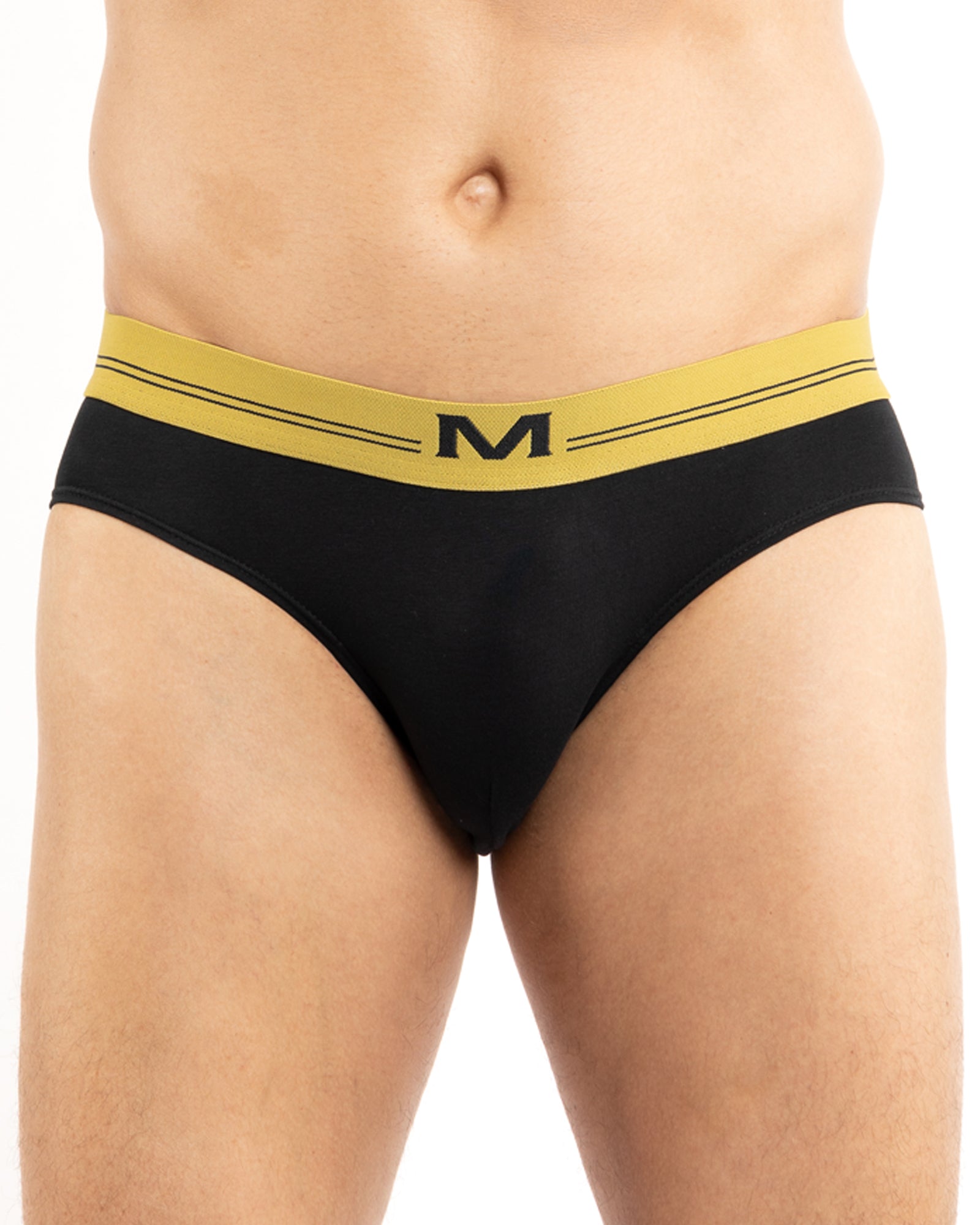 Lot Slips taille basse en coton biologique – Slip noir avec ceinture jaune.