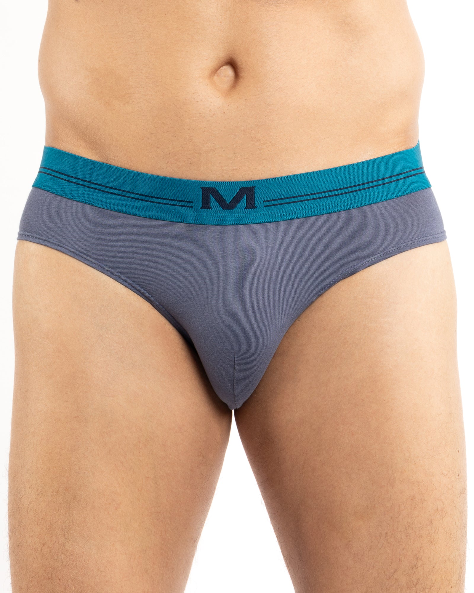Lot Slips taille basse – Slip gris avec ceinture bleue en coton bio et élasthanne.