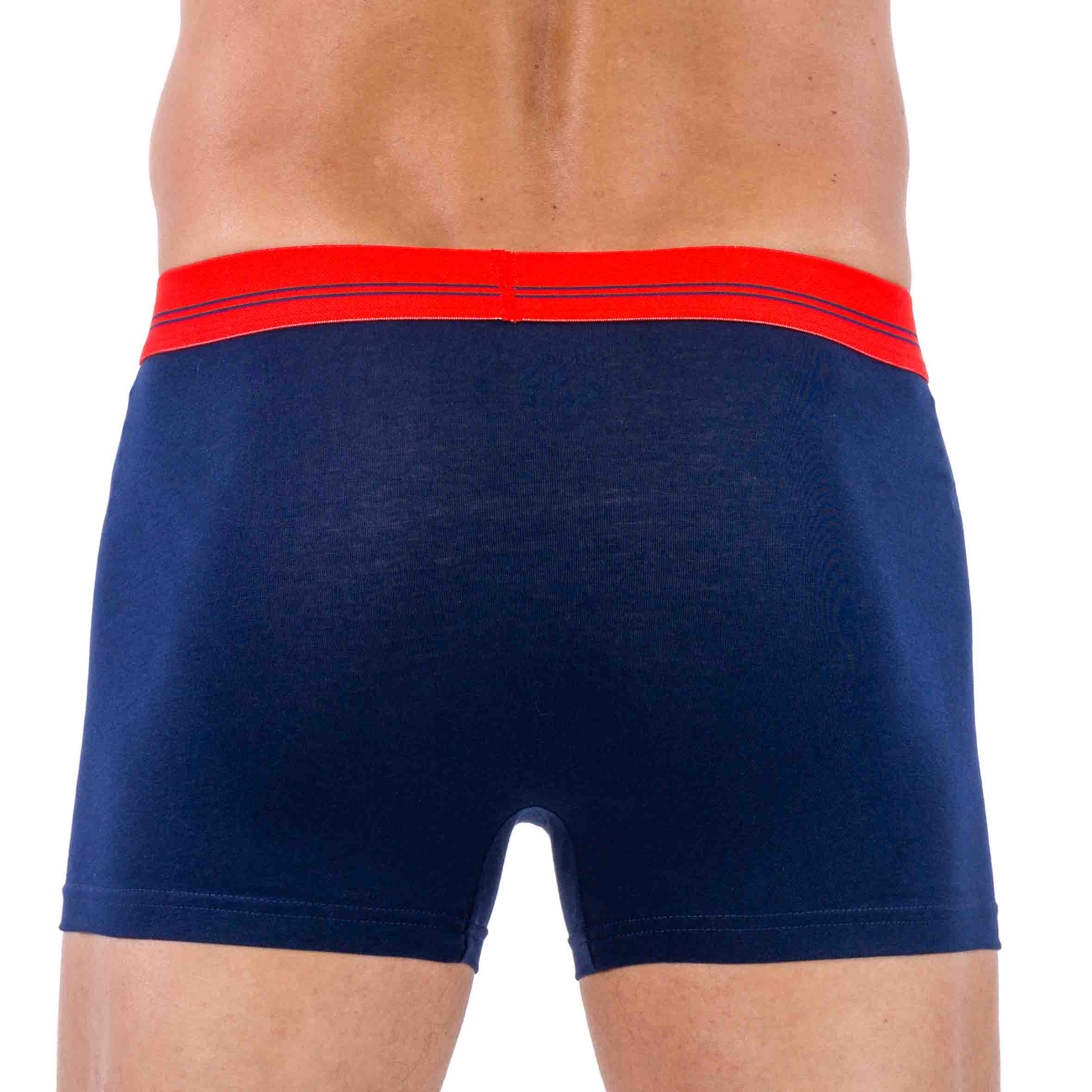 Shorty bleu marine avec ceinture rouge, porté par un mannequin, vue de dos.
