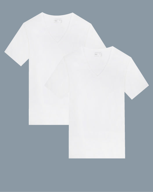 lot de 2 T-shirts Col V en Coton Côtes Fines blanc - 549.2