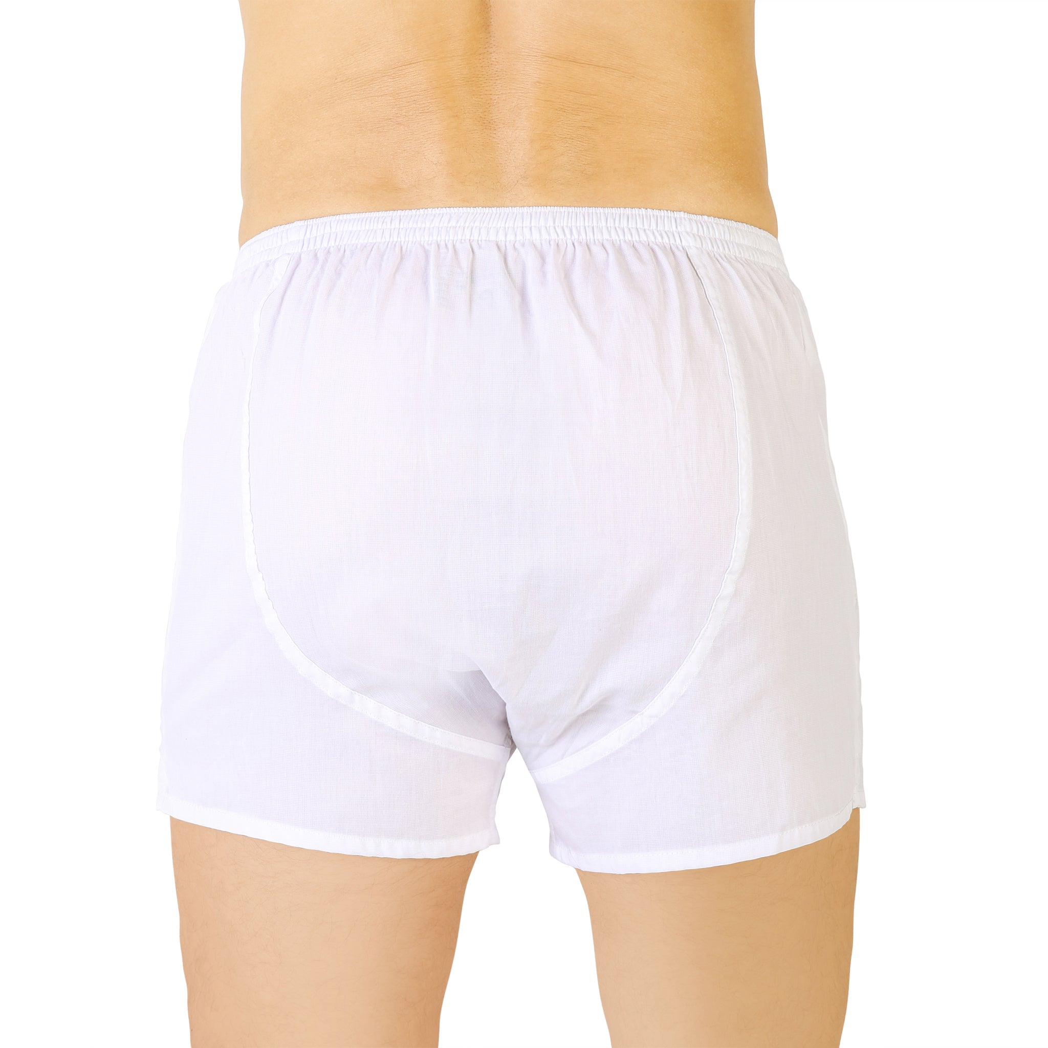 Homme portant un caleçon américain blanc en fil-à-fil, vue de dos.