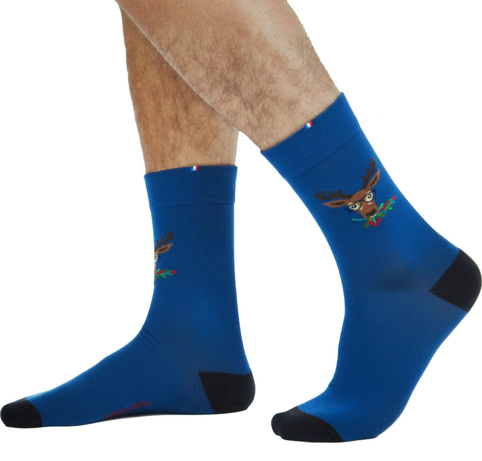 Chaussettes Homme motif CERF 9051 - BLEU - Made in France