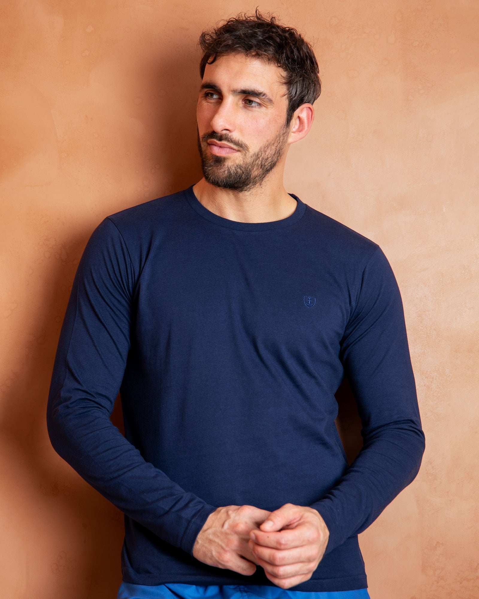 T-shirt en Jersey de Pur Coton Peigné Bleu Marine 6089