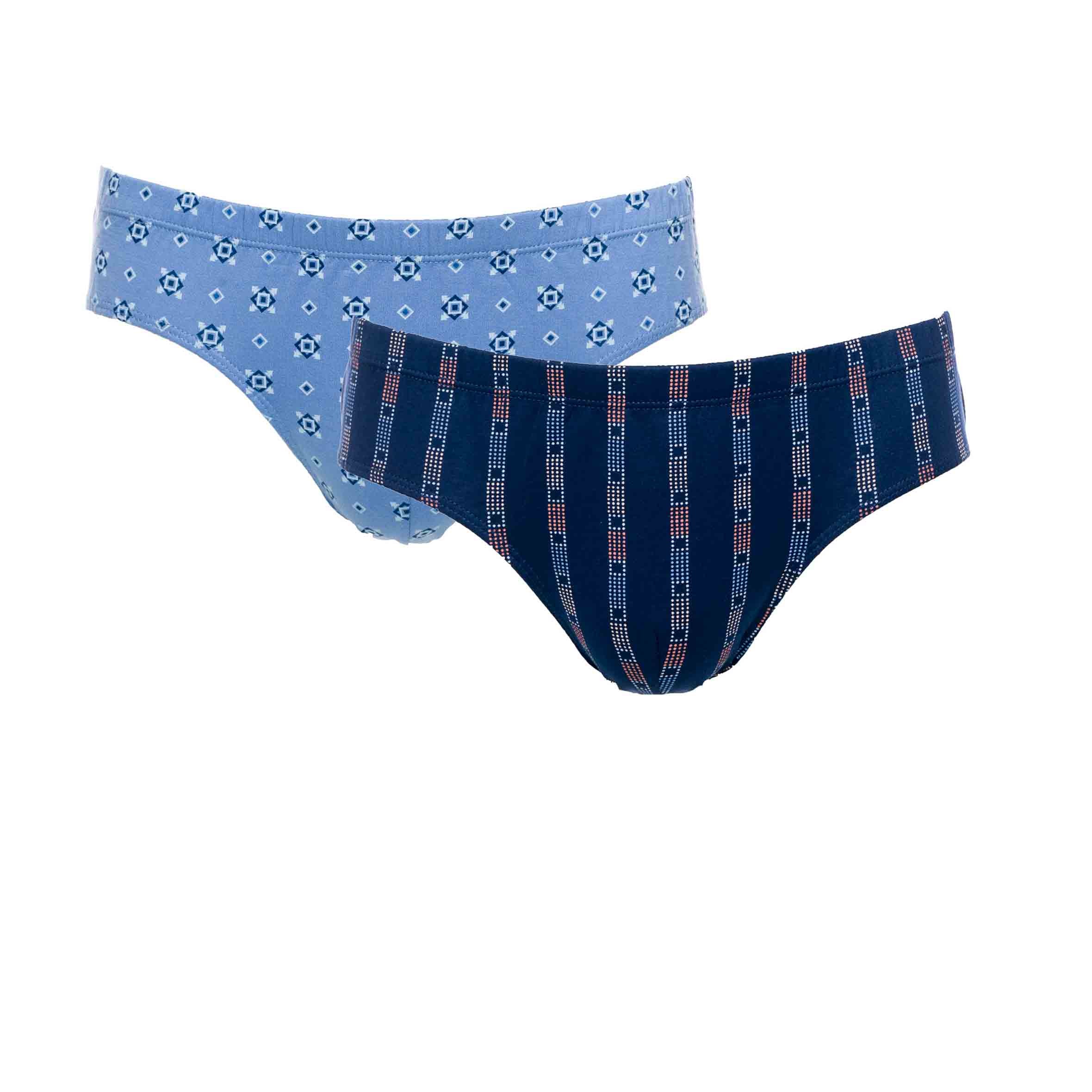 Vue du lot de slips taille basse coton – Un slip en bleu pétrole imprimé floral et un autre en marine à rayures élégantes.