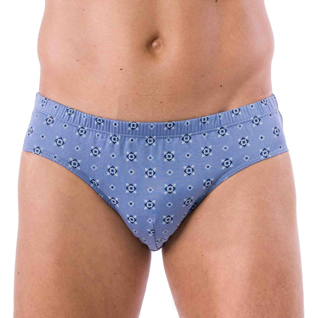 Pack de 2 slips imprimés en coton mercerisé – Vue de face du slip marine, taille basse, avec rayures multicolores.