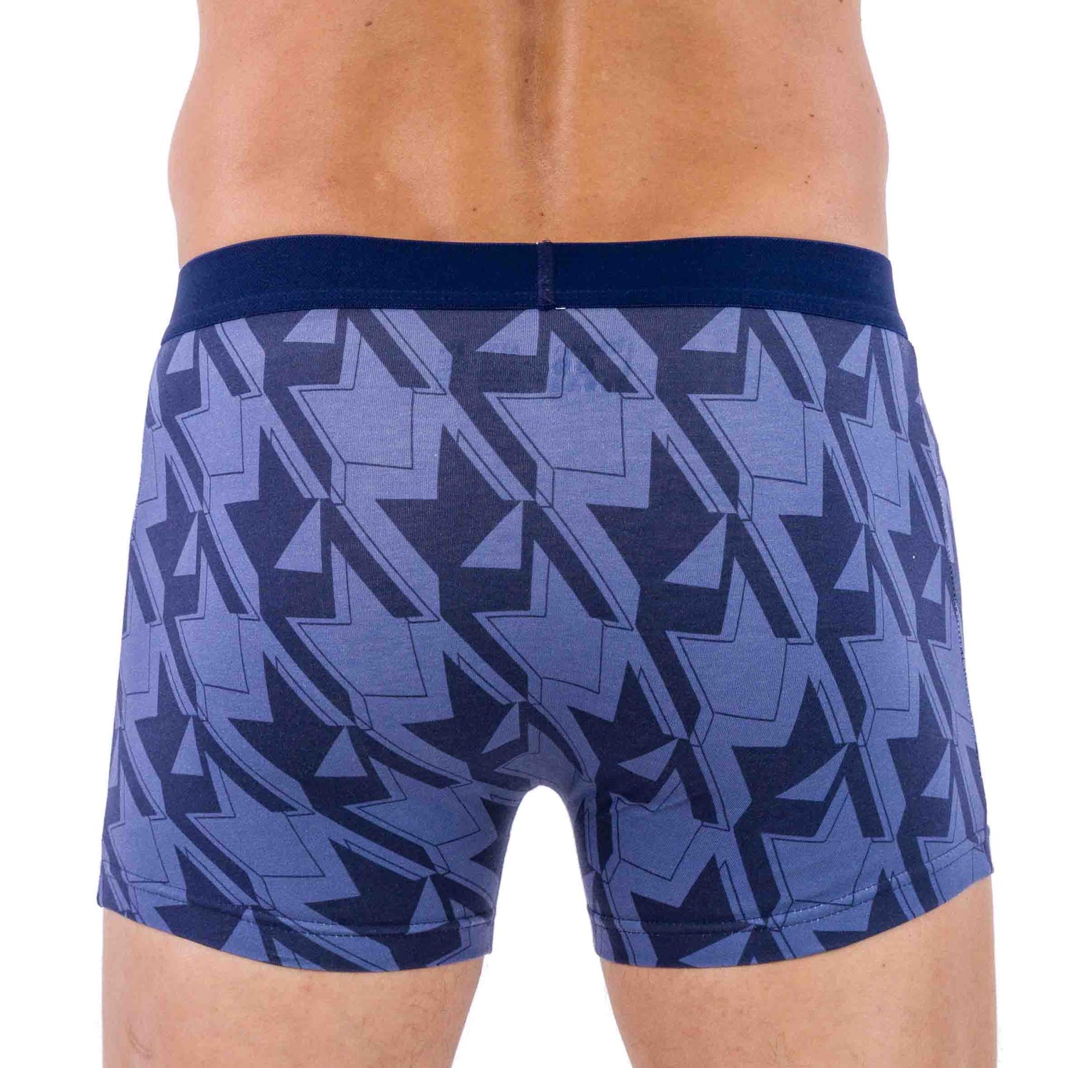Vue arrière du shorty coton biologique stretch marine et gris imprimé, illustrant les motifs élégants et modernes.