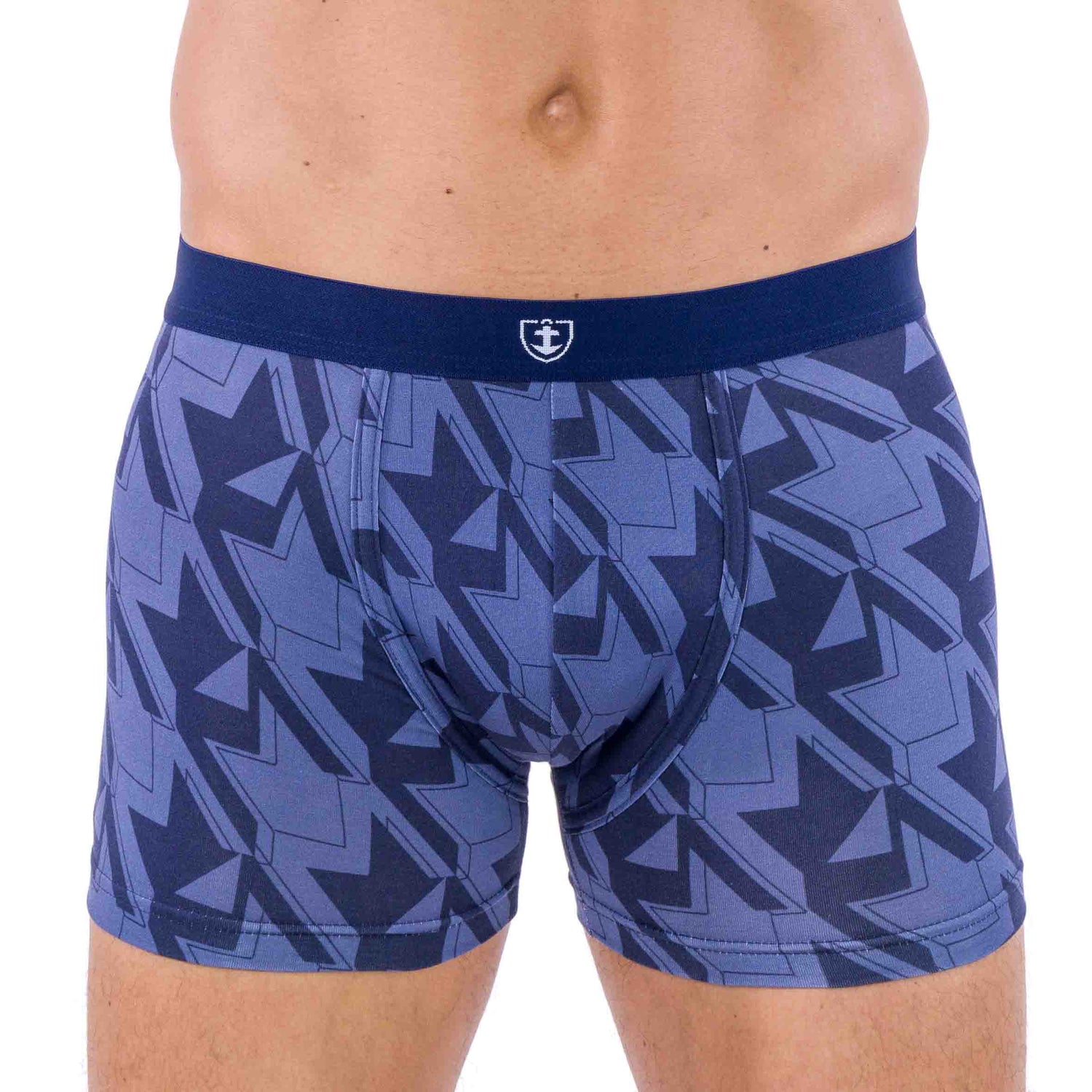 Vue front du shorty coton biologique stretch marine et gris imprimé, mettant en avant des motifs distinctifs pour un style unique.