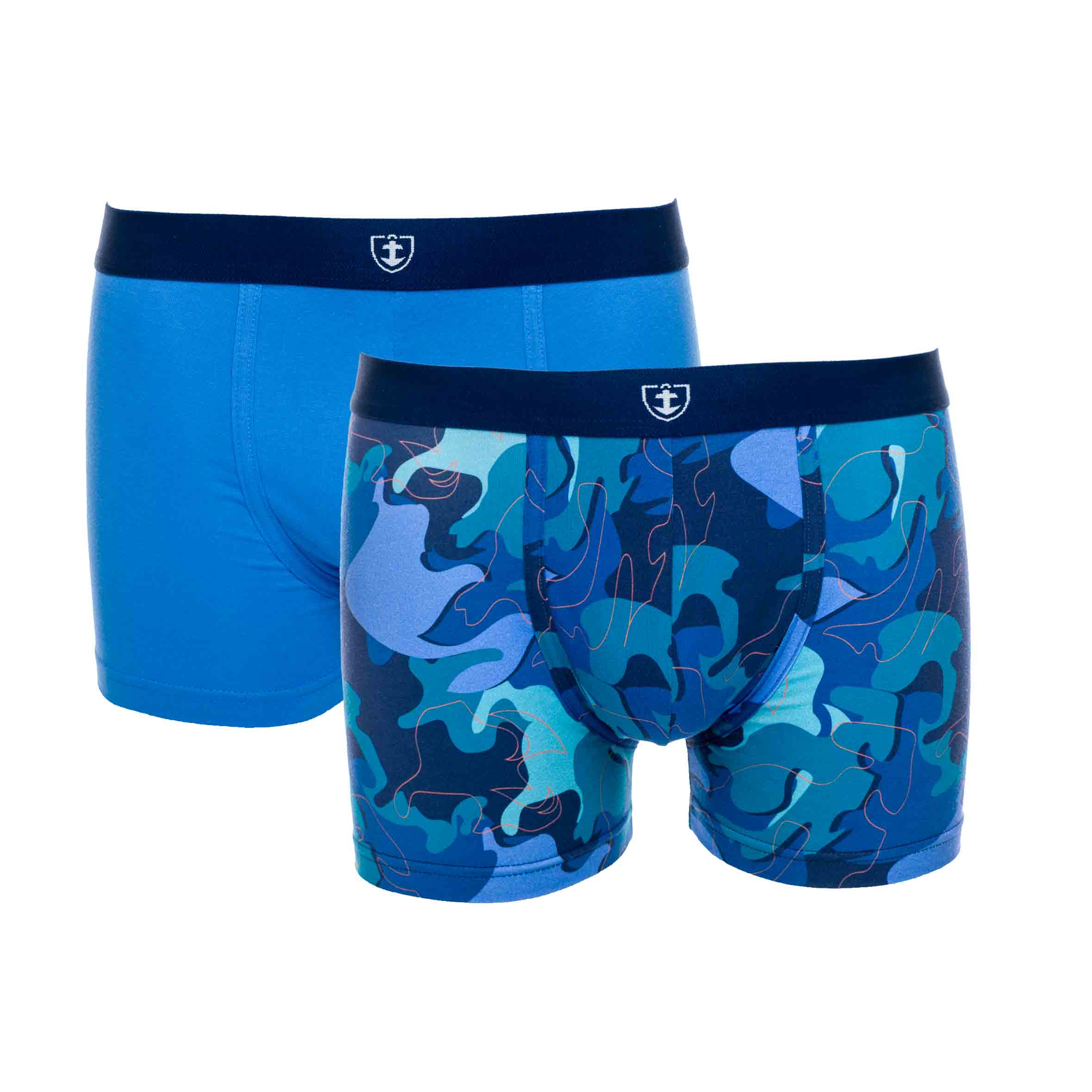 pack de 2 shortys en coton biologique stretch, marine blue camouflage et marine blue simple, pour un confort au quotidien.