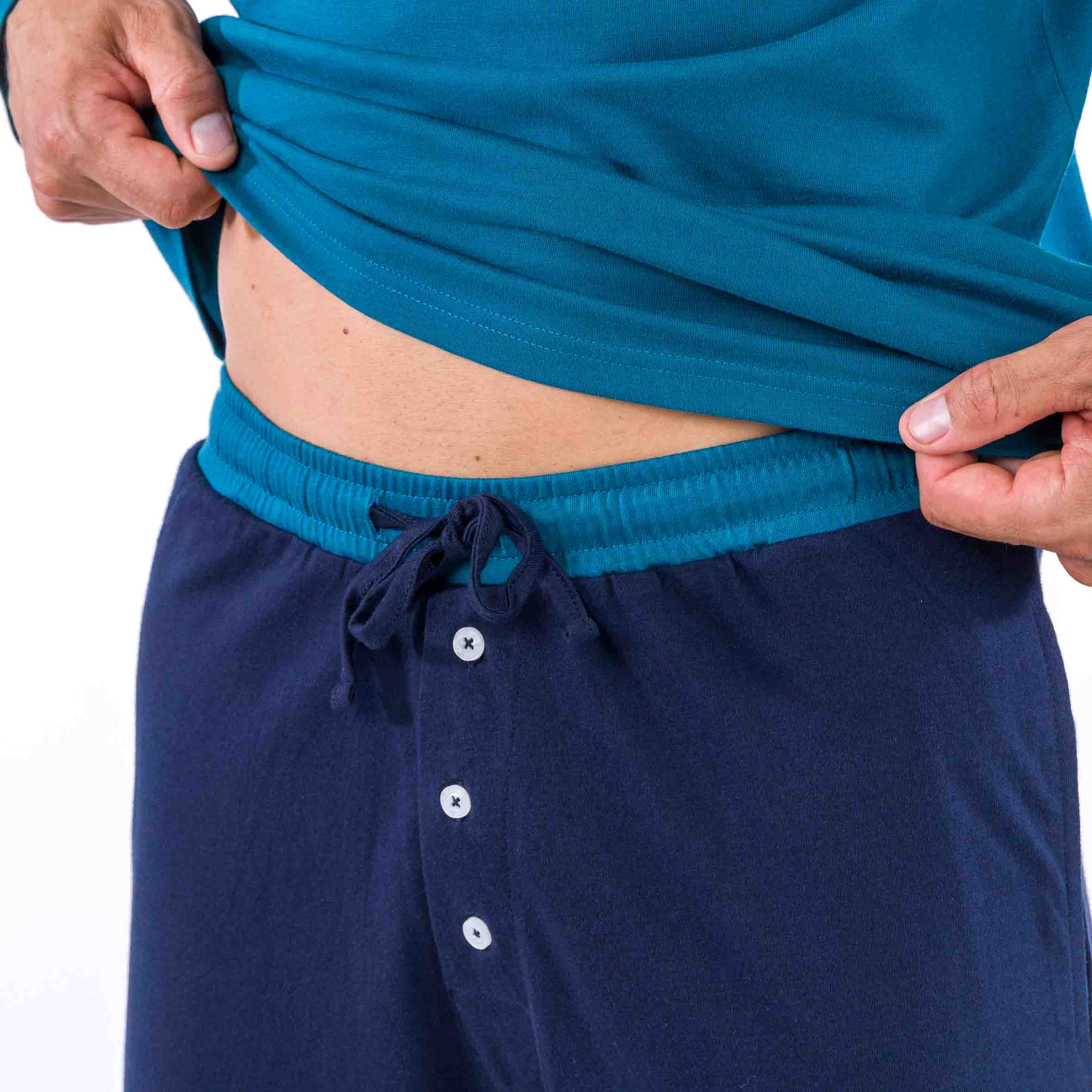 Pyjama Col Rond en Jersey de Coton Bleu avec Impression Poitrine D403