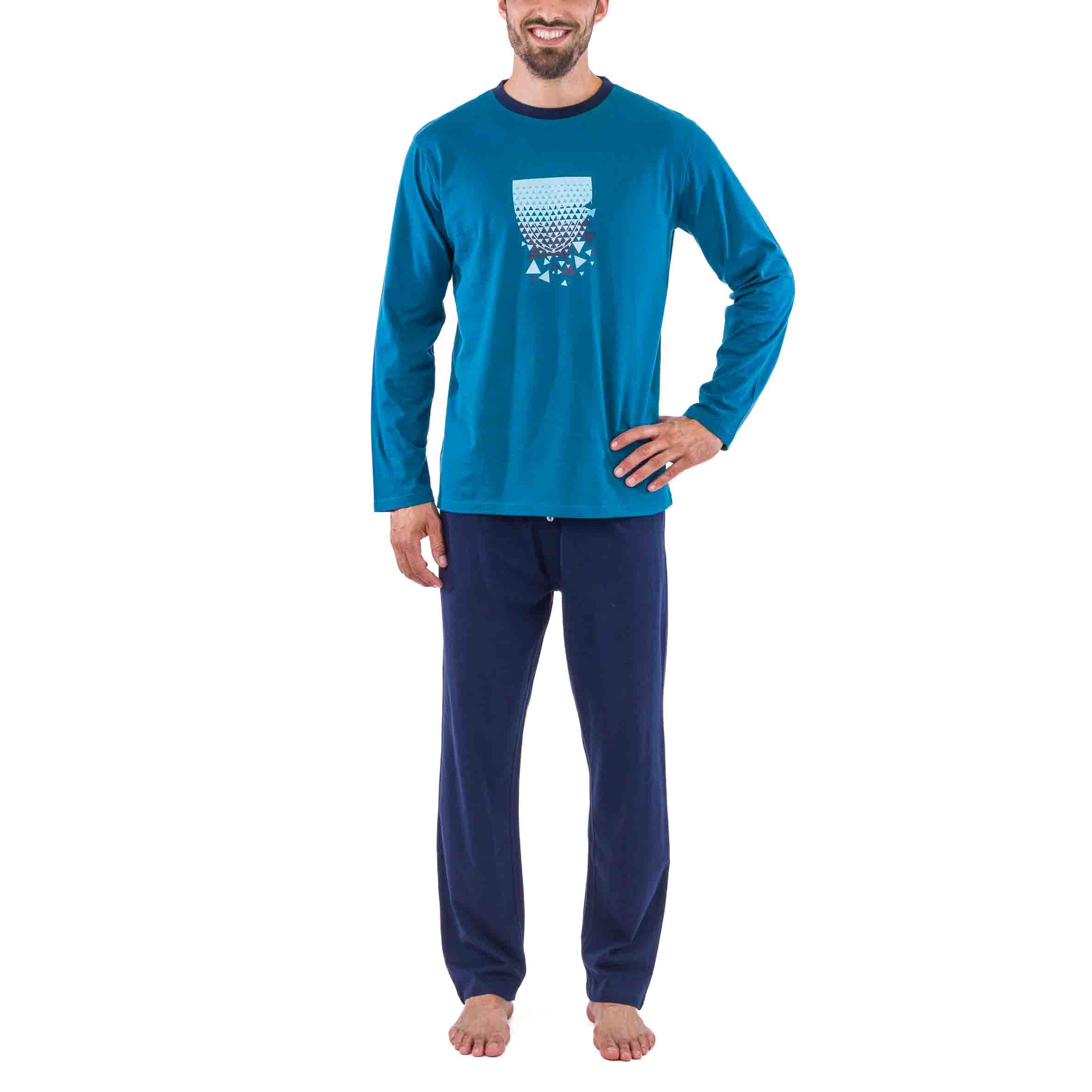 Pyjama Col Rond en Jersey de Coton Bleu avec Impression Poitrine D403