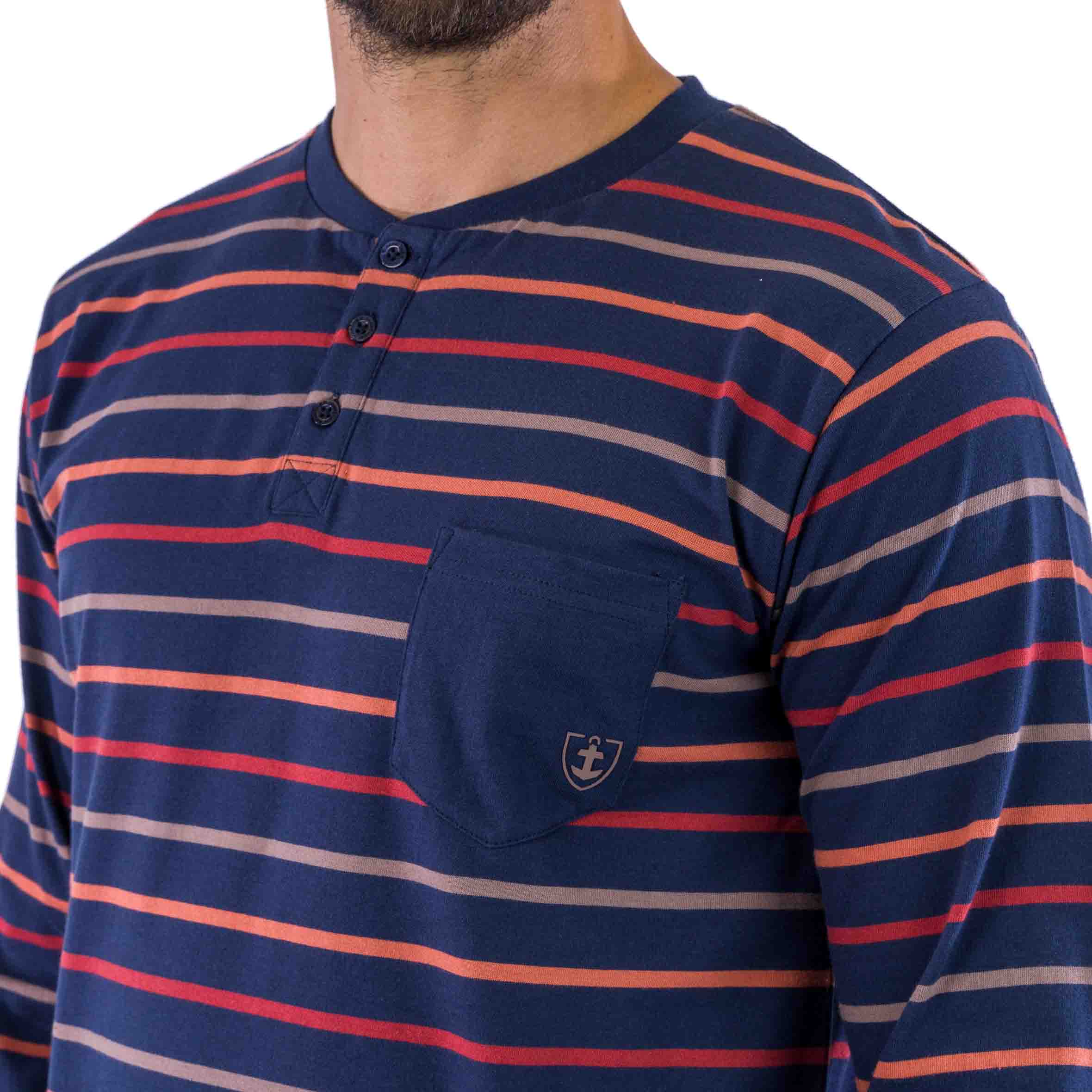 Pyjama Col Boutonné en Jersey de Coton Marine Rayures Marron D405