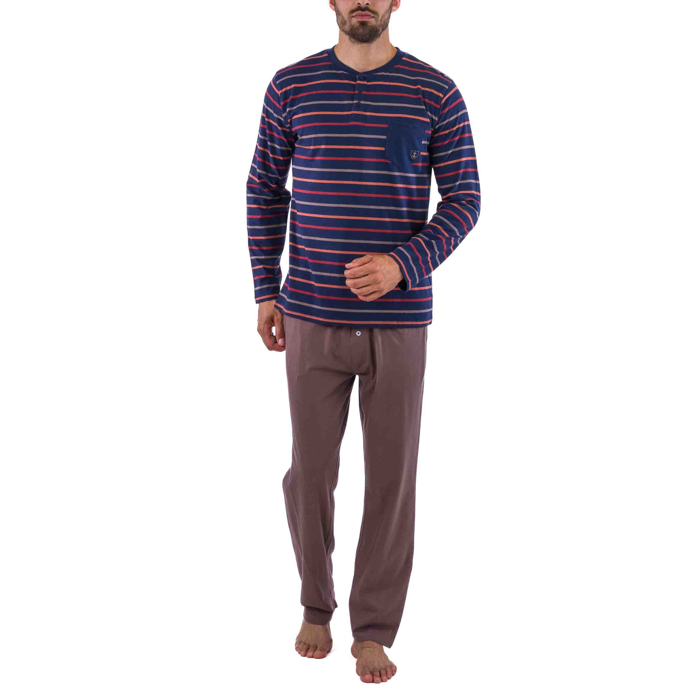 Pyjama Col Boutonné en Jersey de Coton Marine Rayures Marron D405