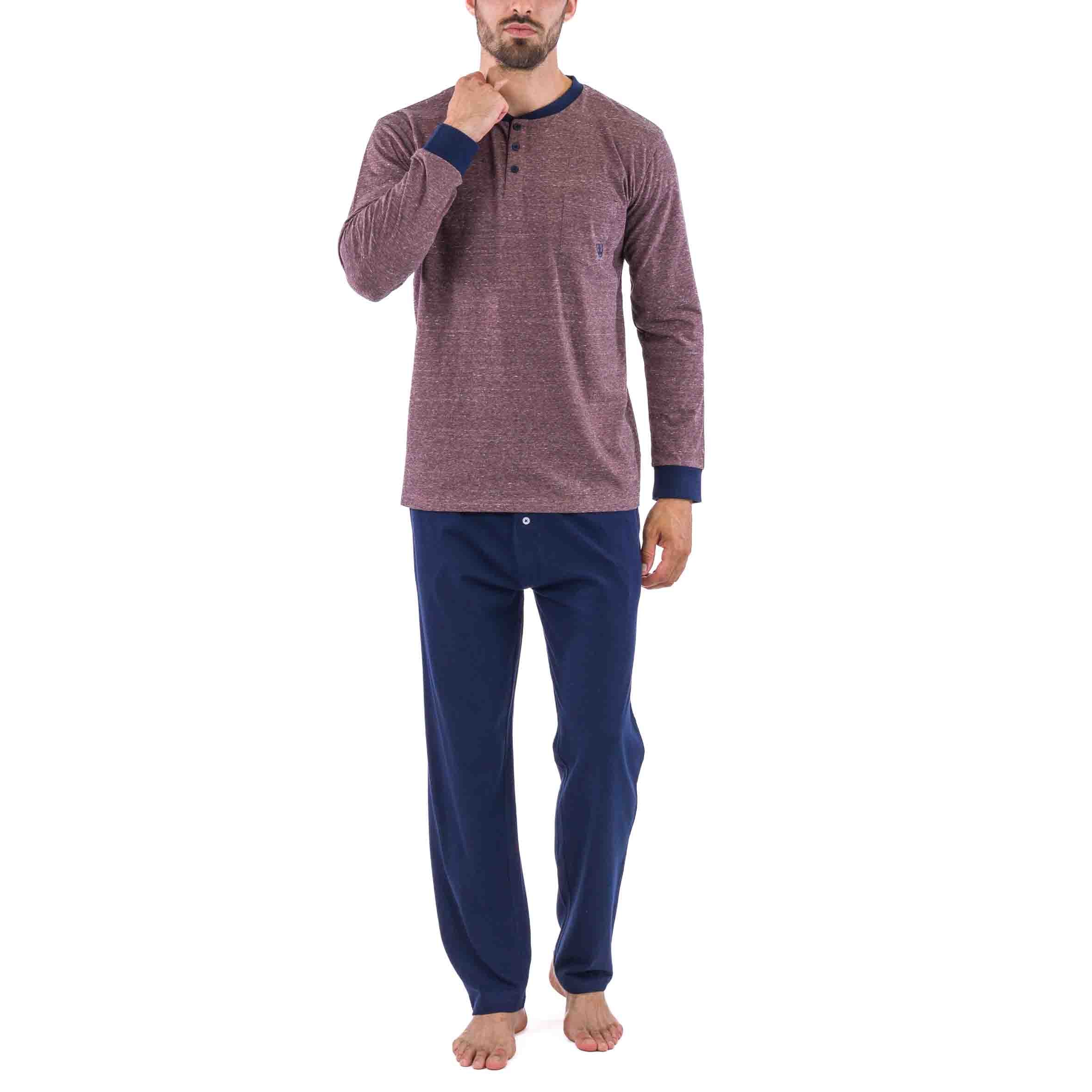 Pyjama Col Boutonné en Jersey de Coton Marron effet chiné Pantalon Marine