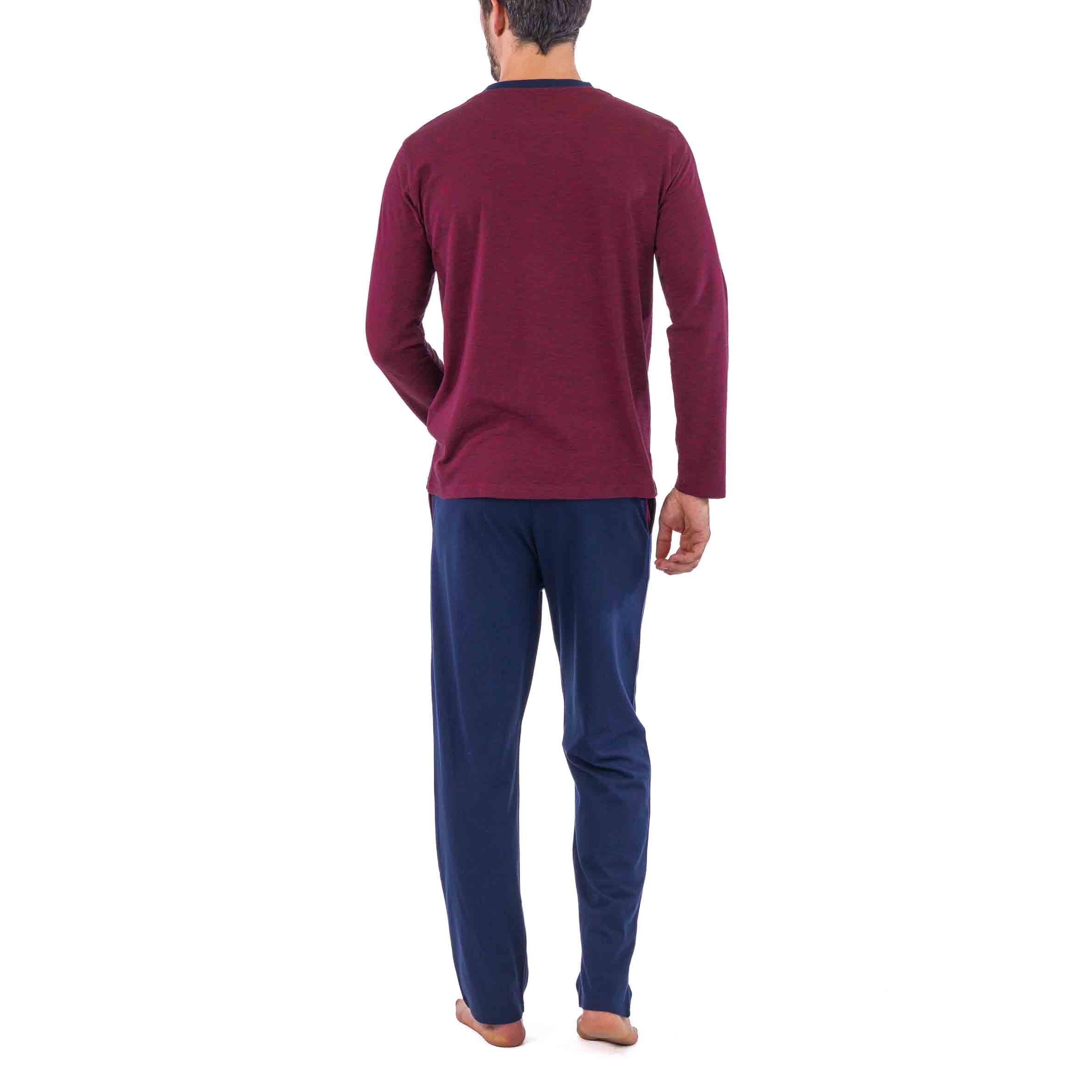 Pyjama Col Rond en Jersey de Coton Bordeaux et Marine