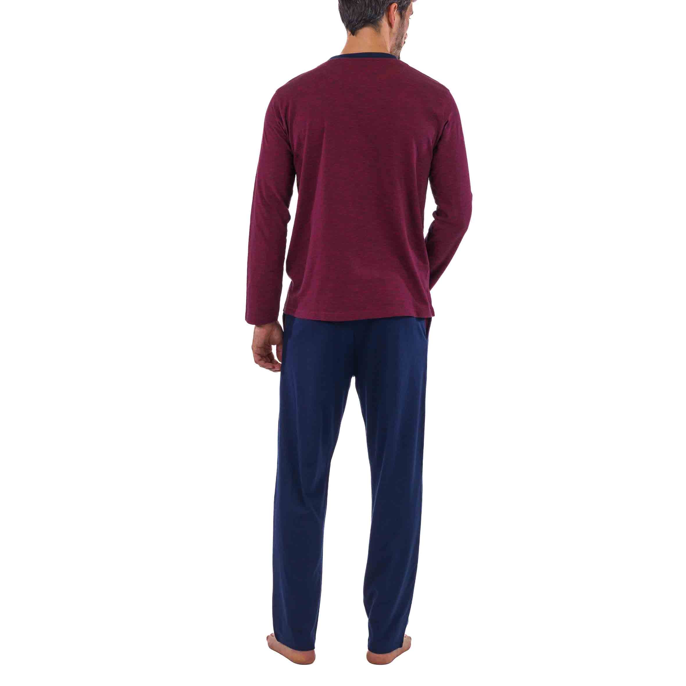 Pyjama Col Rond en Jersey de Coton Bordeaux et Marine