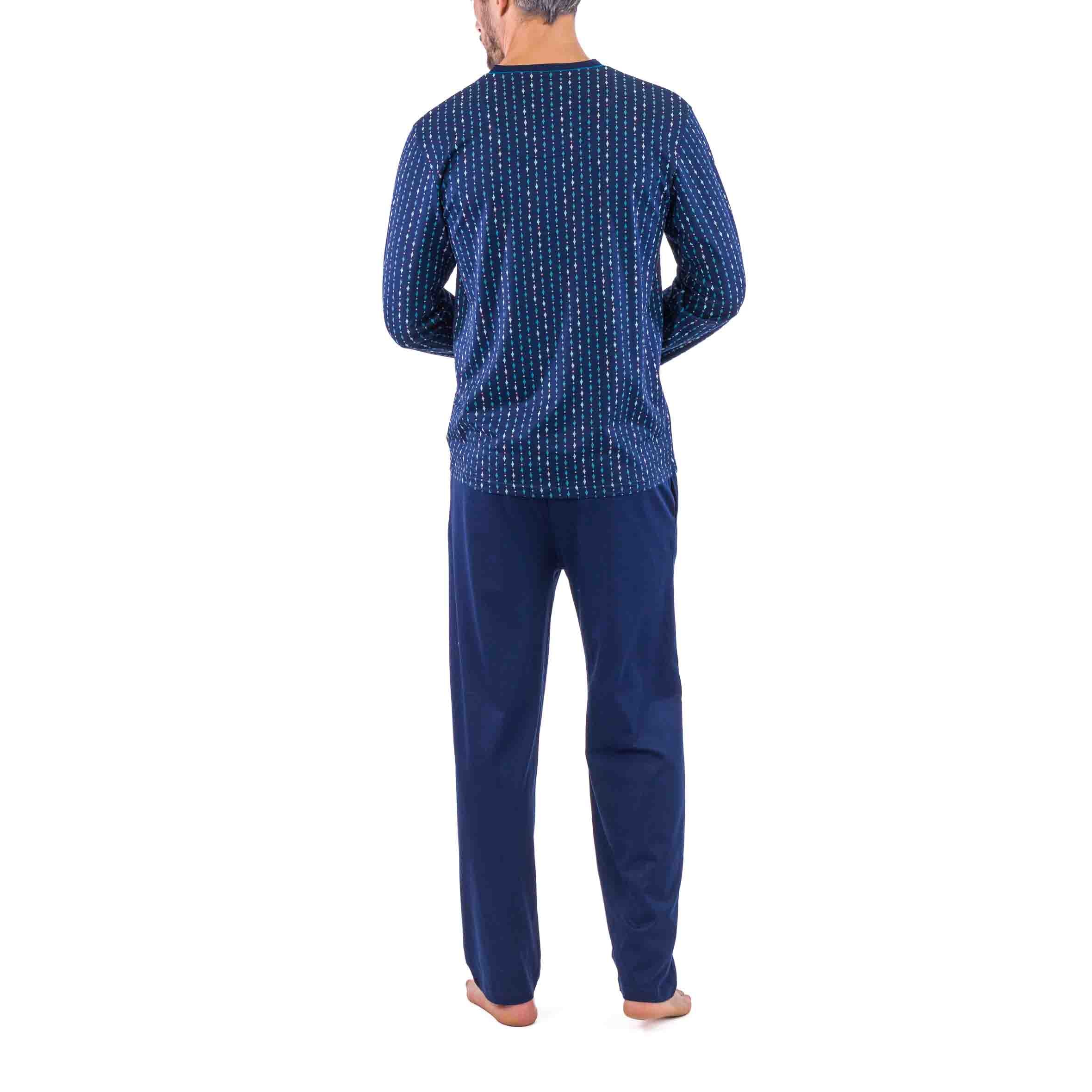 Pyjama Col V en Jersey de Coton Mercerisé Imprimé Marine Effet Rayure D419