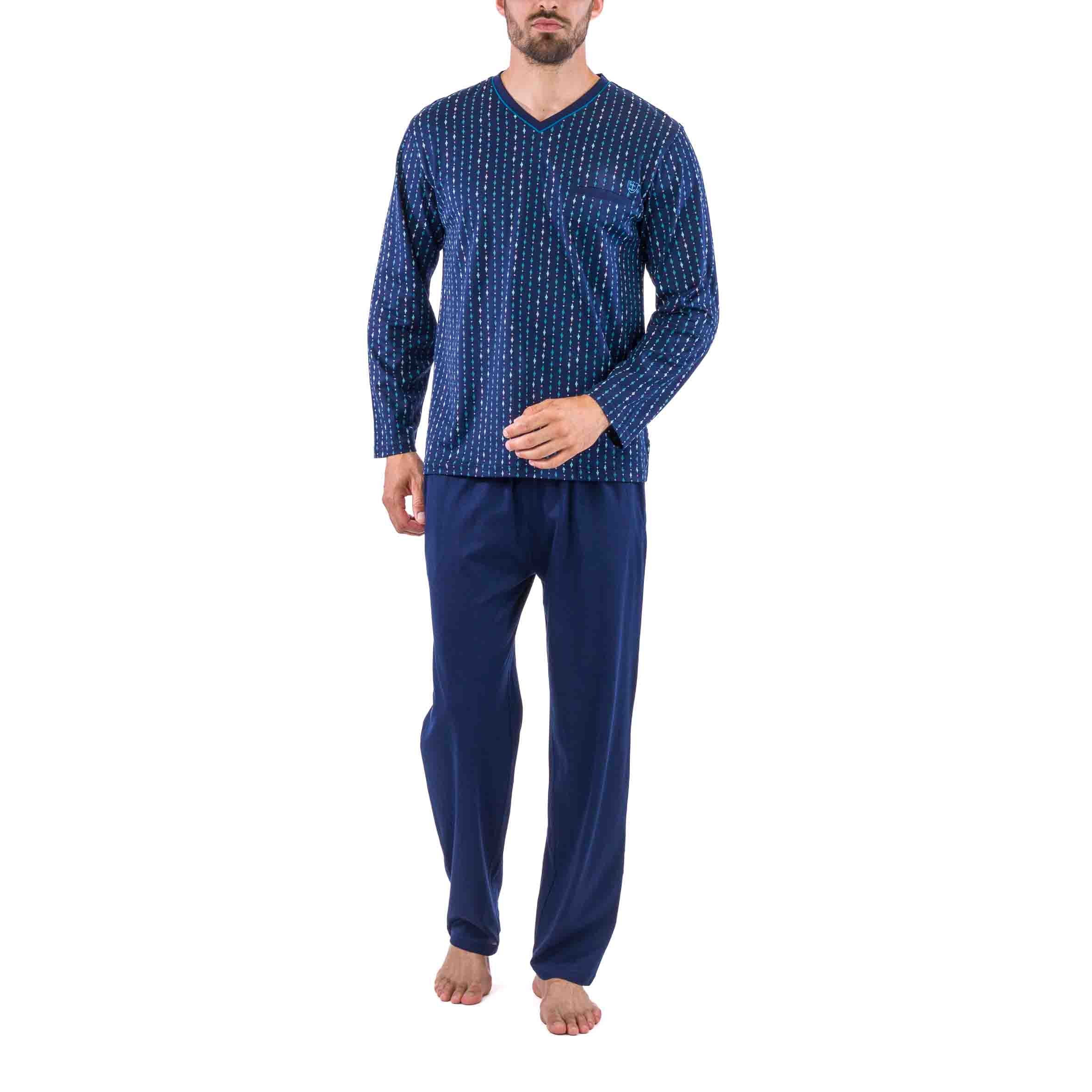 Pyjama Col V en Jersey de Coton Mercerisé Imprimé Marine Effet Rayure D419