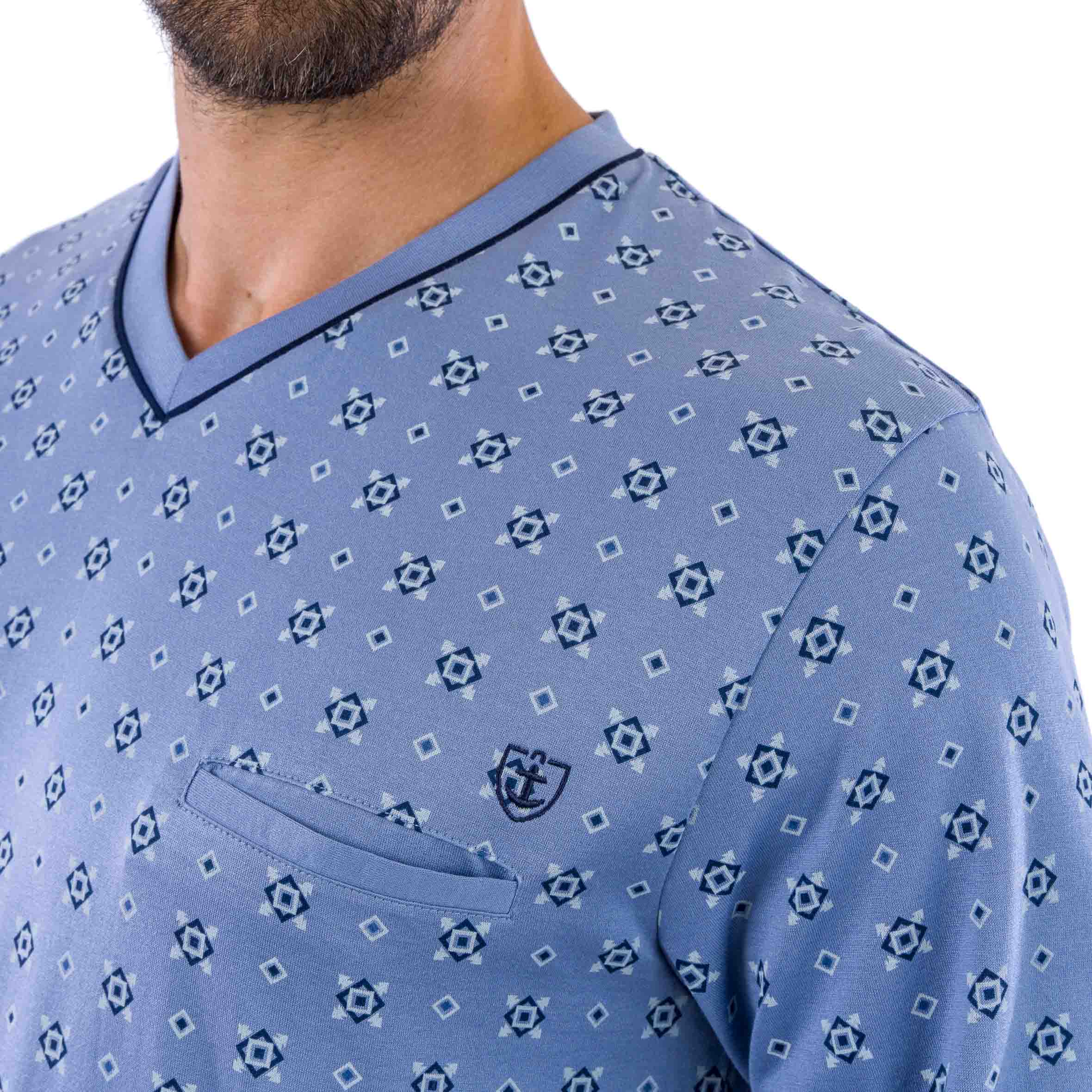 Pyjama Col V en Jersey de Coton Mercerisé Imprimé Bleu à Petits Motifs D420