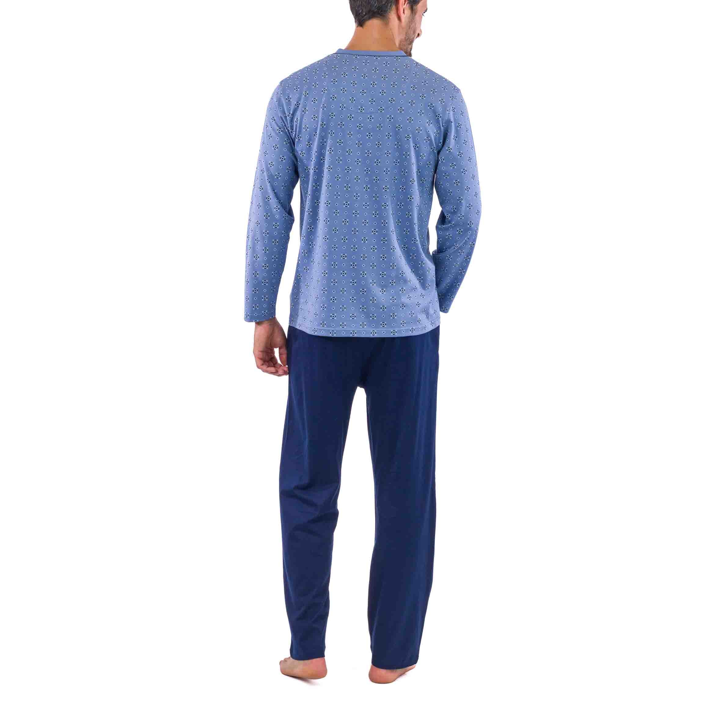 Pyjama Col V en Jersey de Coton Mercerisé Imprimé Bleu à Petits Motifs D420