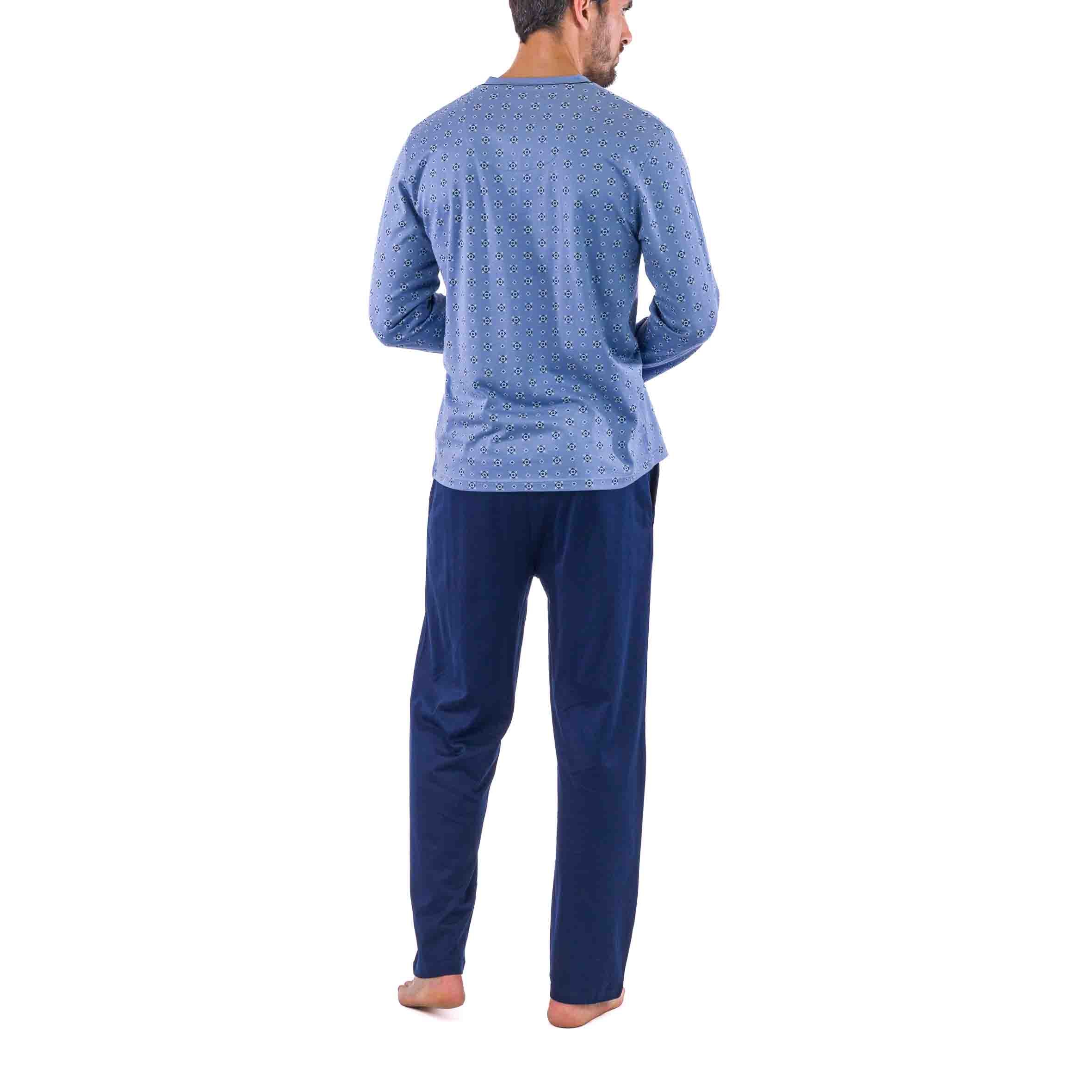 Pyjama Col V en Jersey de Coton Mercerisé Imprimé Bleu à Petits Motifs D420
