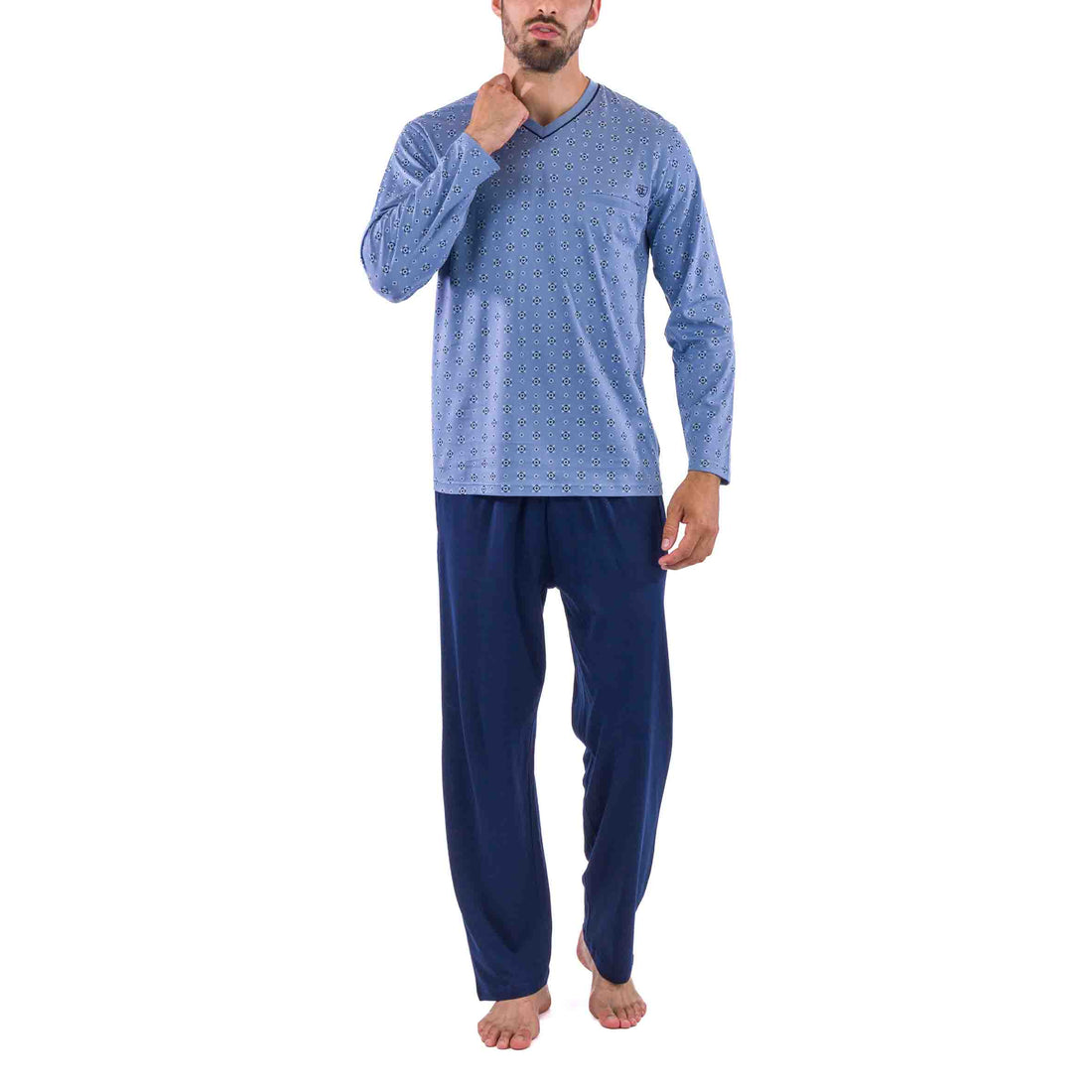 Pyjama Col V en Jersey de Coton Mercerisé Imprimé Bleu à Petits Motifs