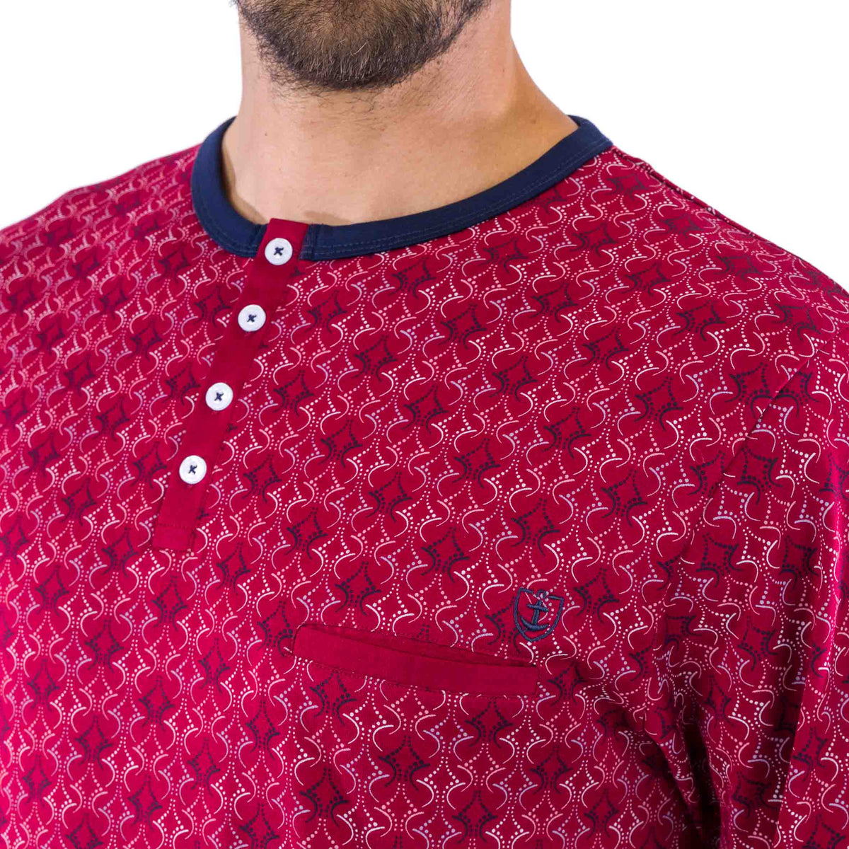 Pyjama Col Boutonné en Jersey de Coton Mercerisé Imprimé Rétro Bordeaux et Marine D421