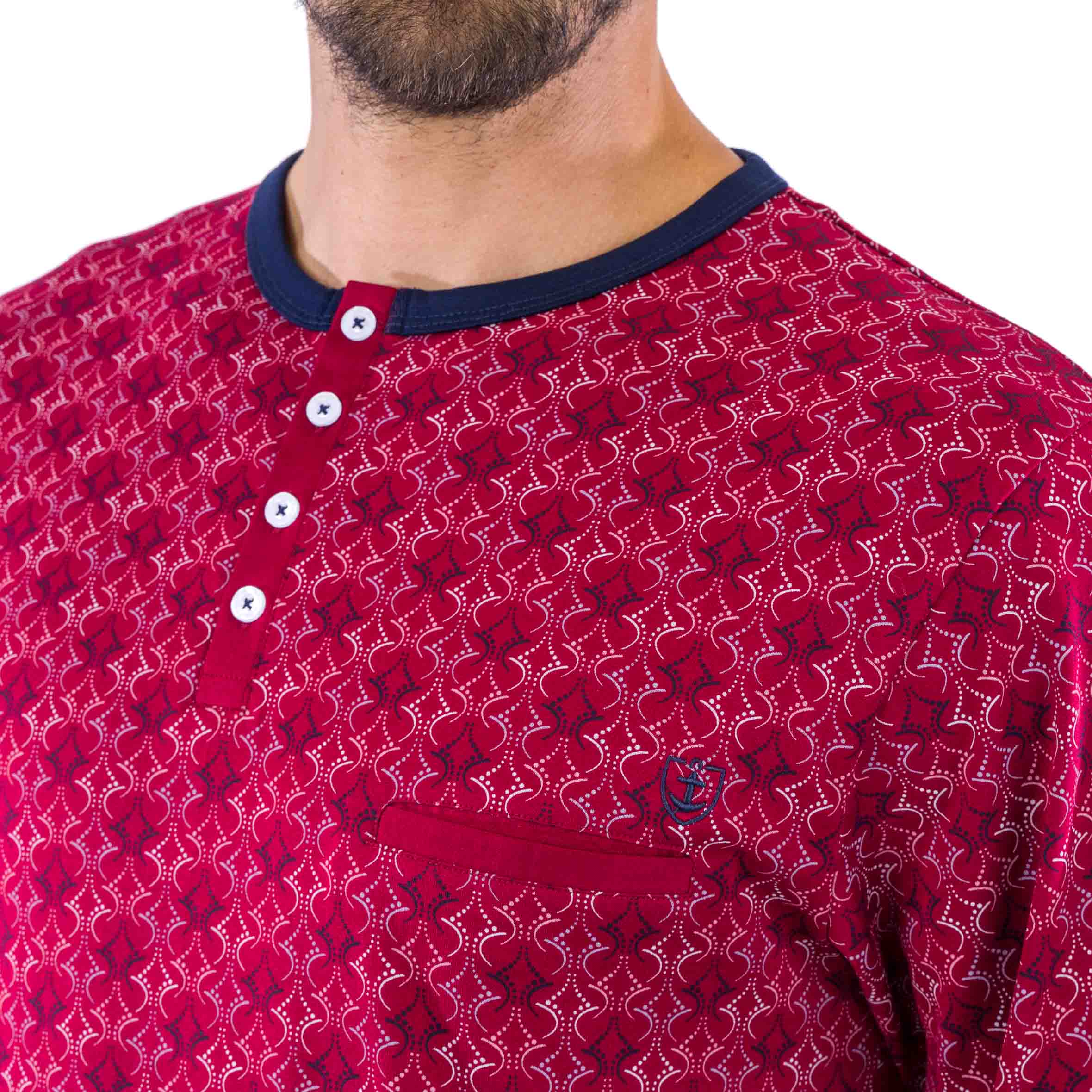 Pyjama Col Boutonné en Jersey de Coton Mercerisé Imprimé Rétro Bordeaux et Marine D421