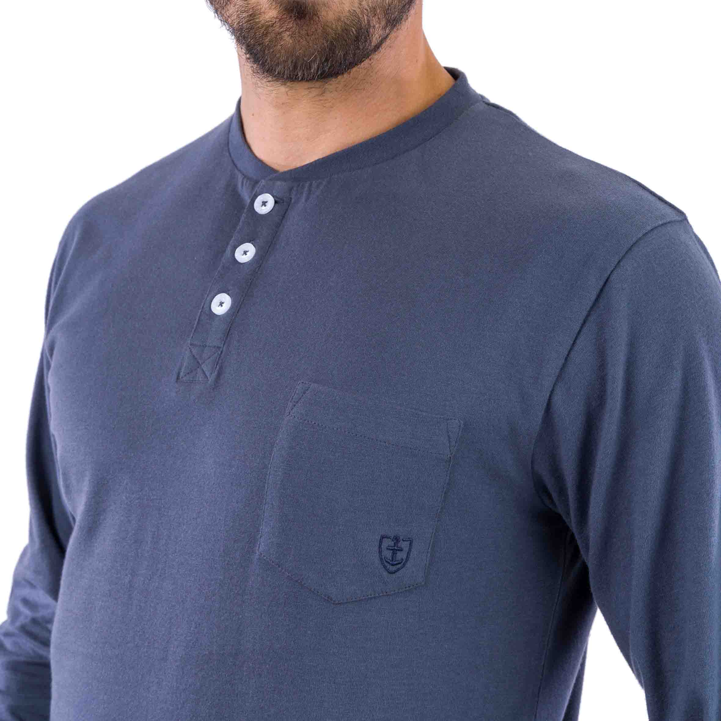 Pyjama col boutonné en Flanelle Rayée et Jersey Pur Coton Gris Anthracite D424