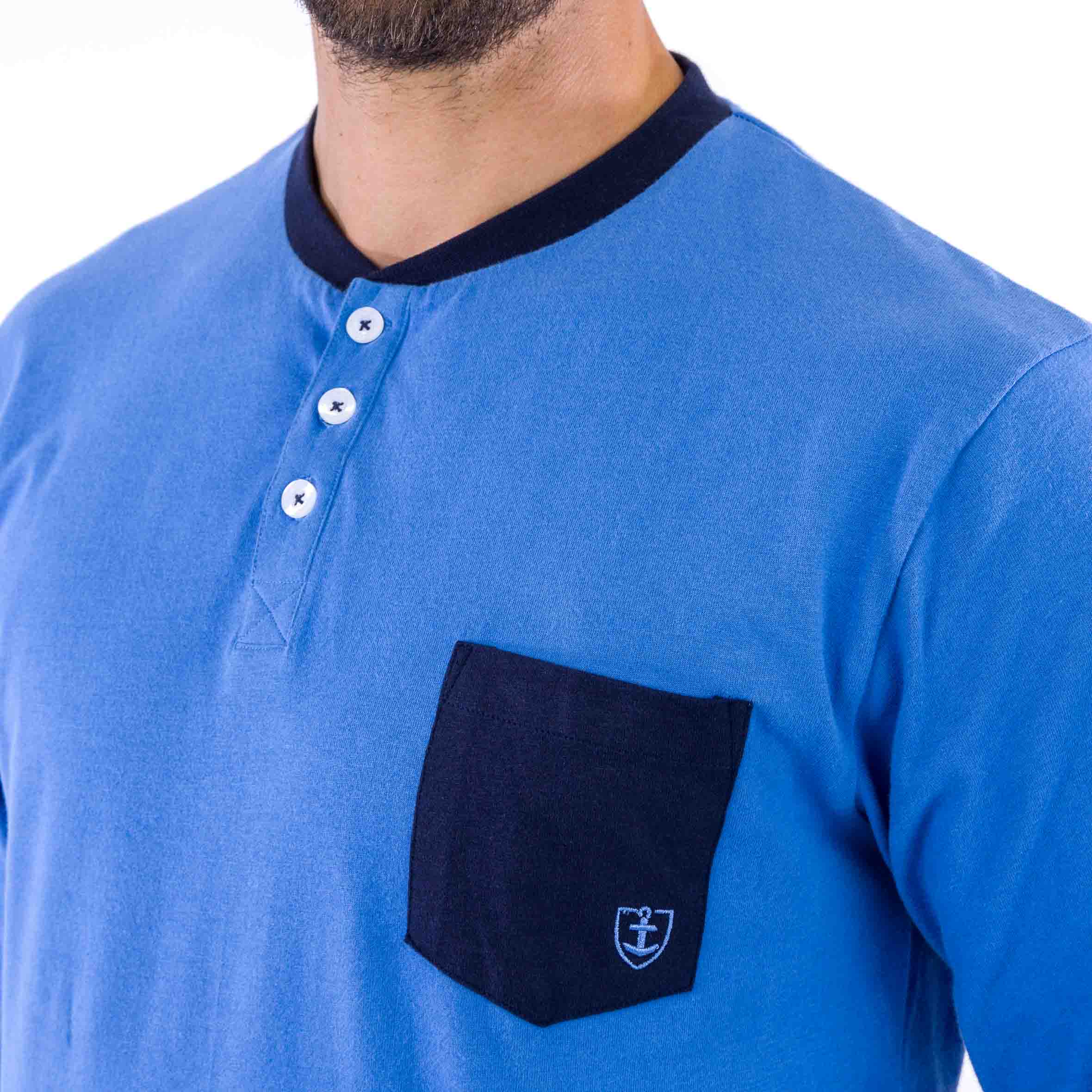 Pyjama col boutonné en Flanelle et Jersey Pur Coton Bleu Marine D425