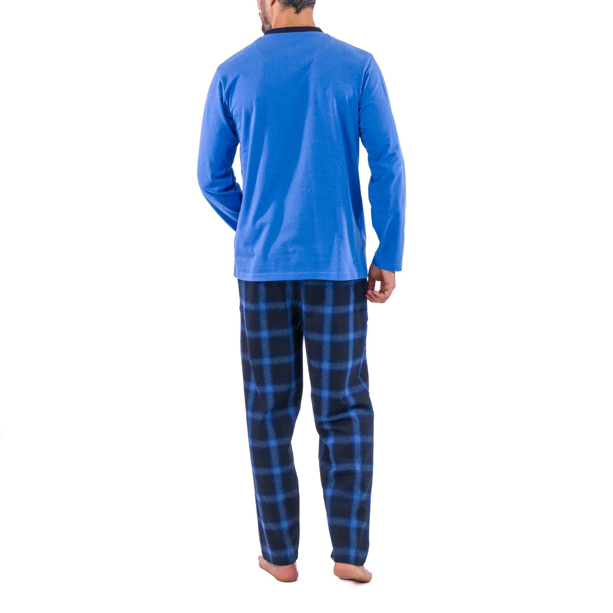 Pyjama col boutonné en Flanelle et Jersey Pur Coton Bleu Marine D425