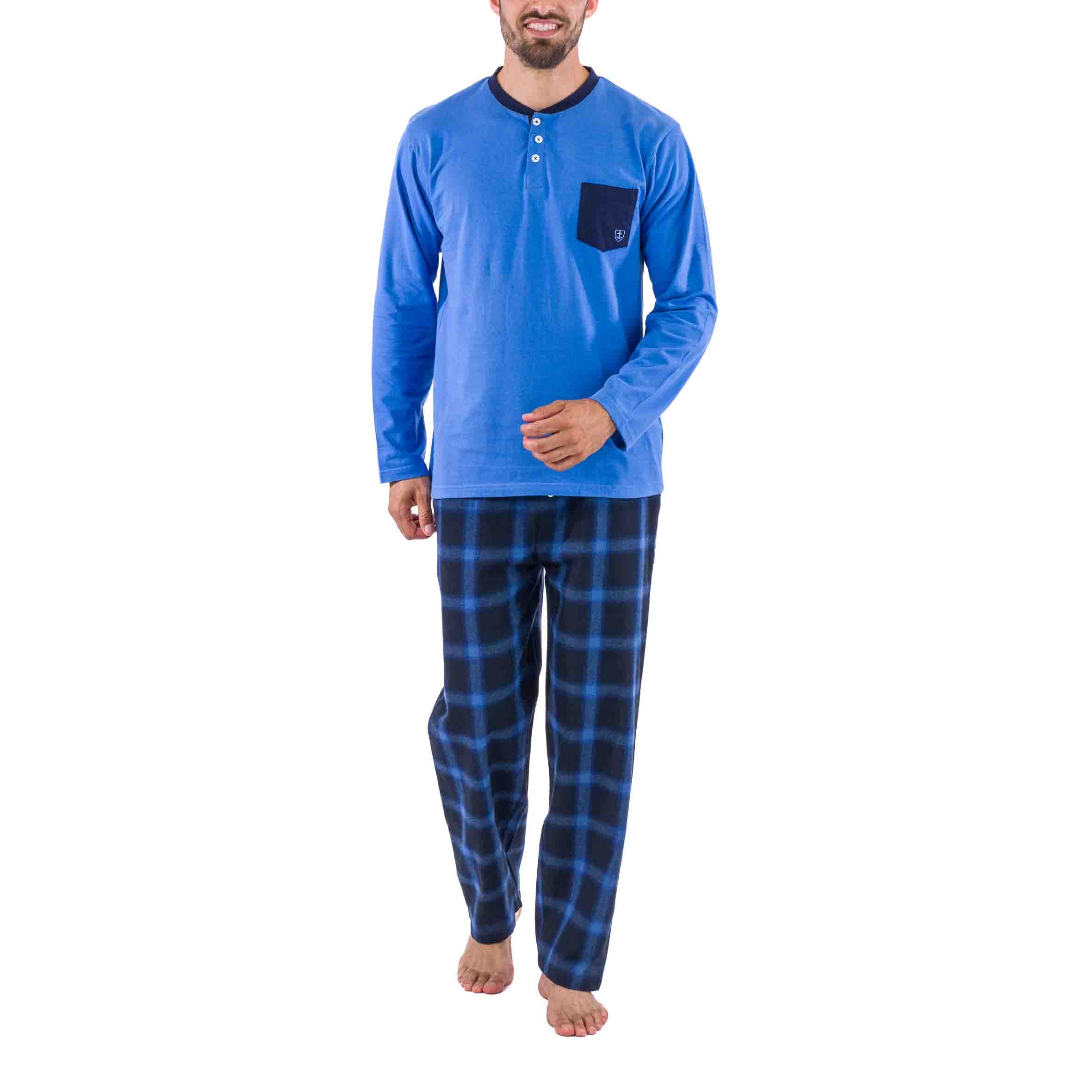 Pyjama col boutonné en Flanelle et Jersey Pur Coton Bleu Marine D425