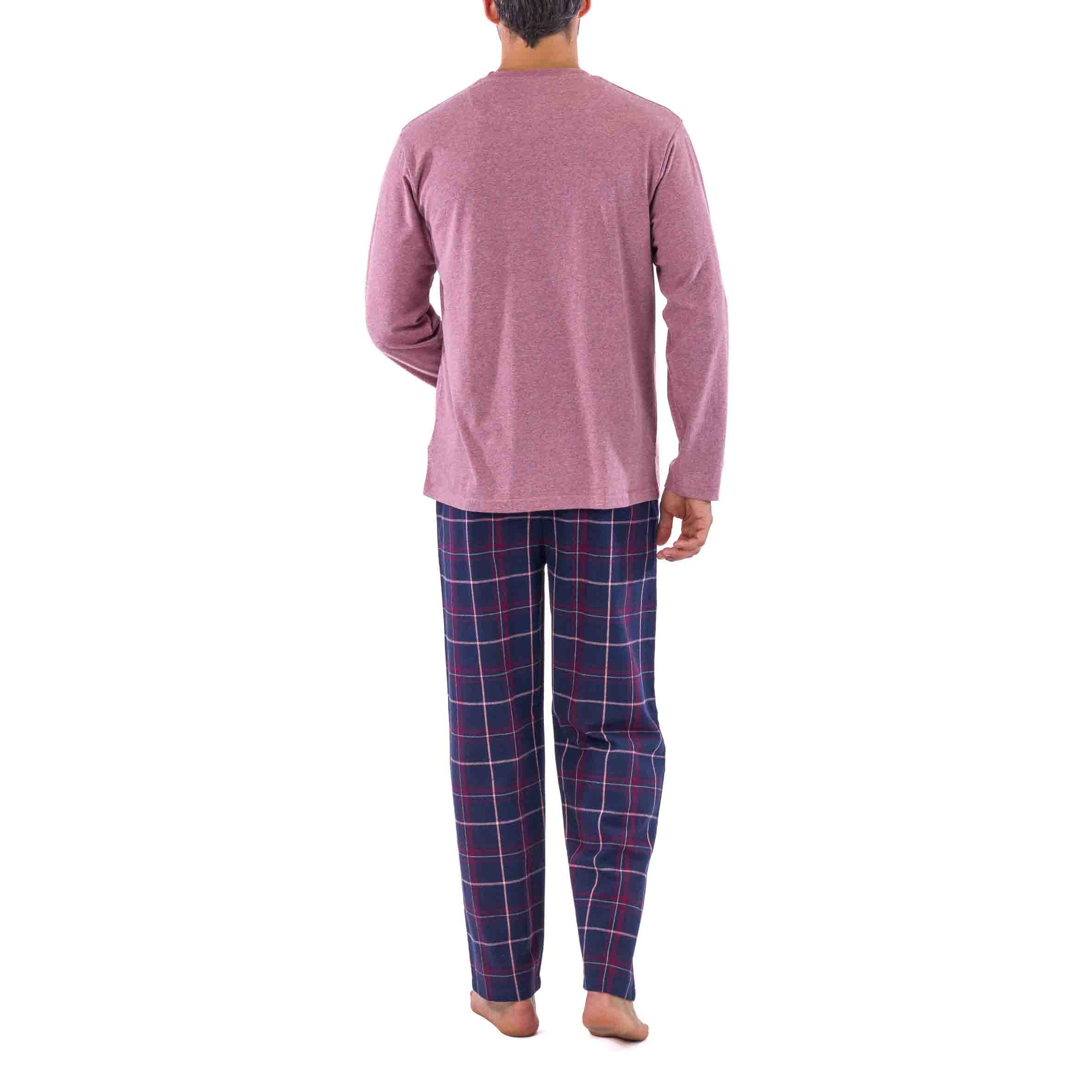 Pyjama en Flanelle carreaux et Jersey Pur Coton Bordeaux effet chiné