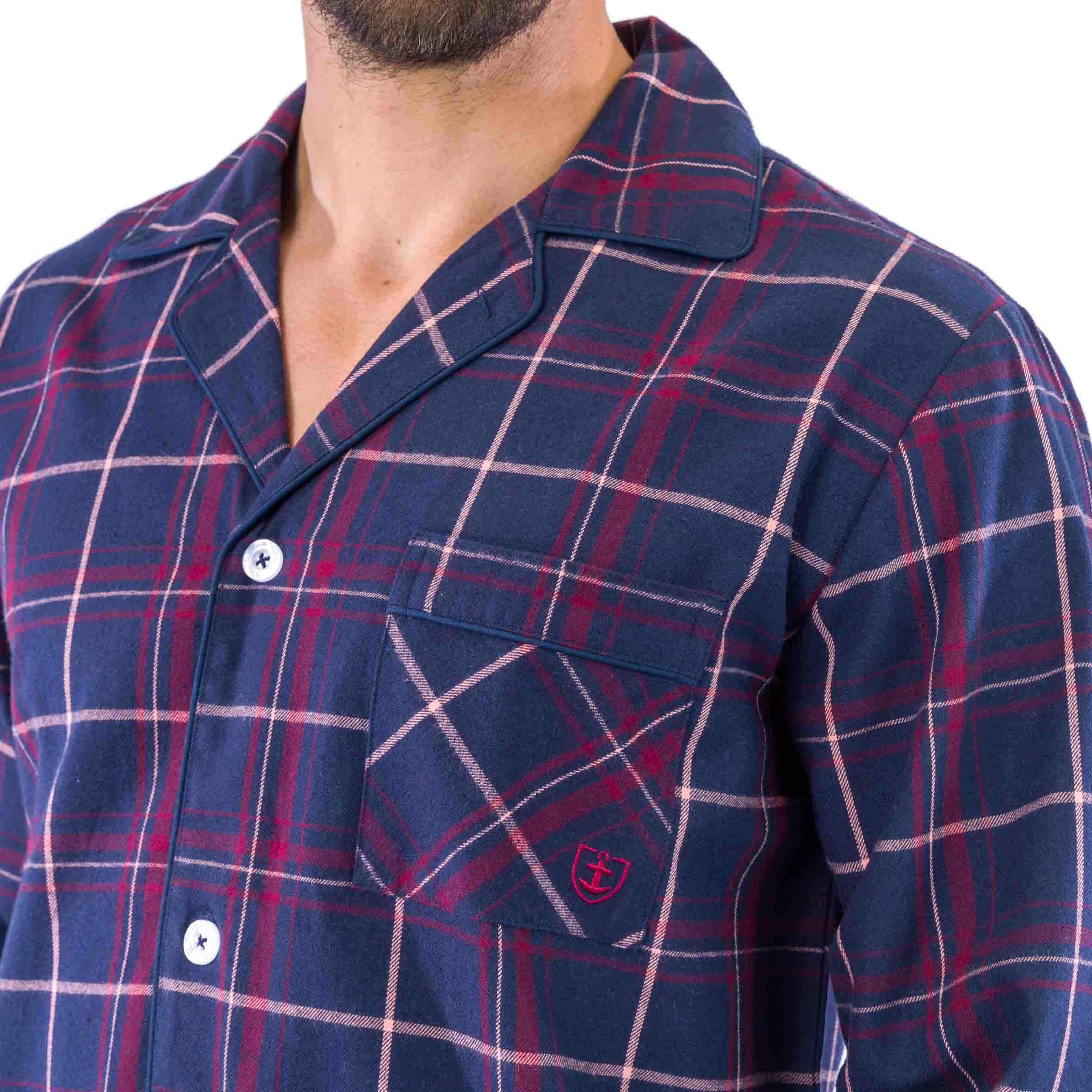 Pyjama Long Ouvert à Carreaux Ecossais en Flanelle de Pur Coton Peigné Bleu Marine D431