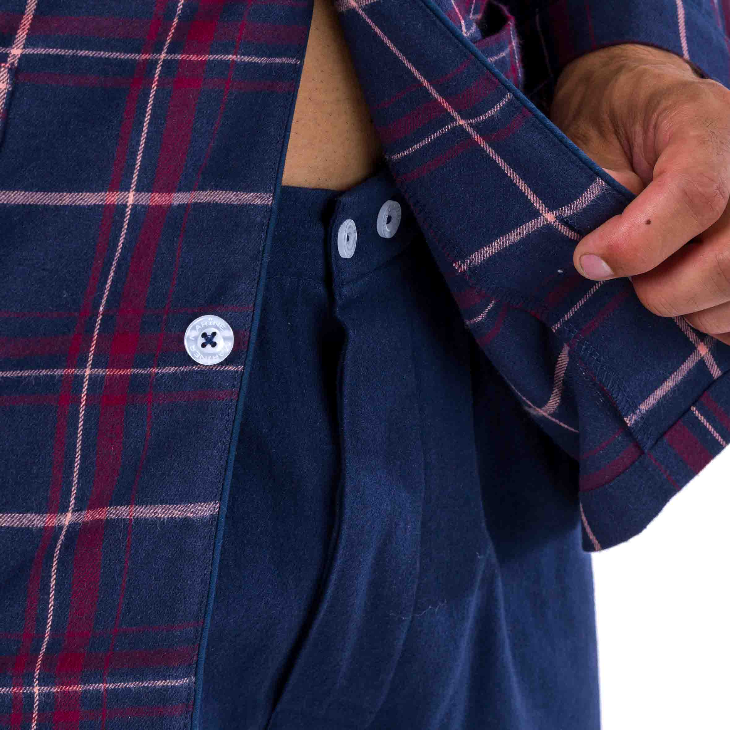 Pyjama Long Ouvert à Carreaux Ecossais en Flanelle de Pur Coton Peigné Bleu Marine D431
