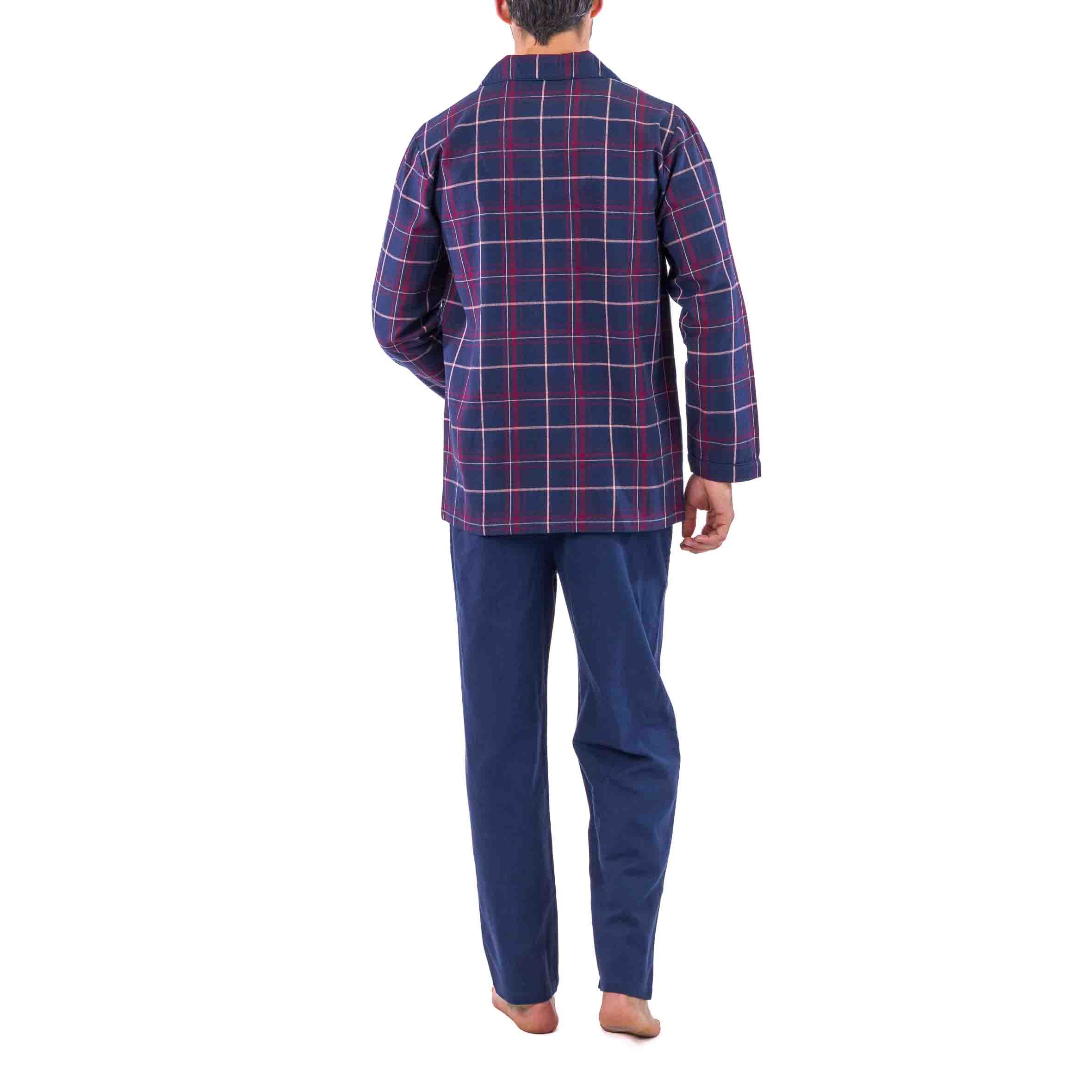 Pyjama Long Ouvert à Carreaux Ecossais en Flanelle de Pur Coton Peigné Bleu Marine D431