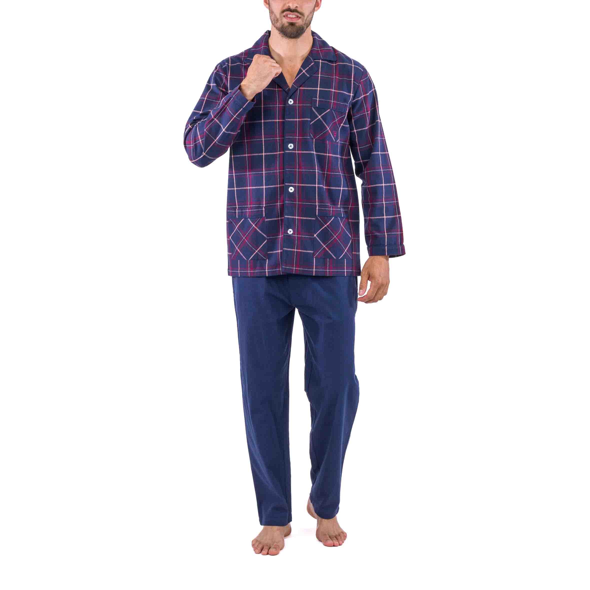Pyjama Long Ouvert à Carreaux Ecossais en Flanelle de Pur Coton Peigné Bleu Marine D431