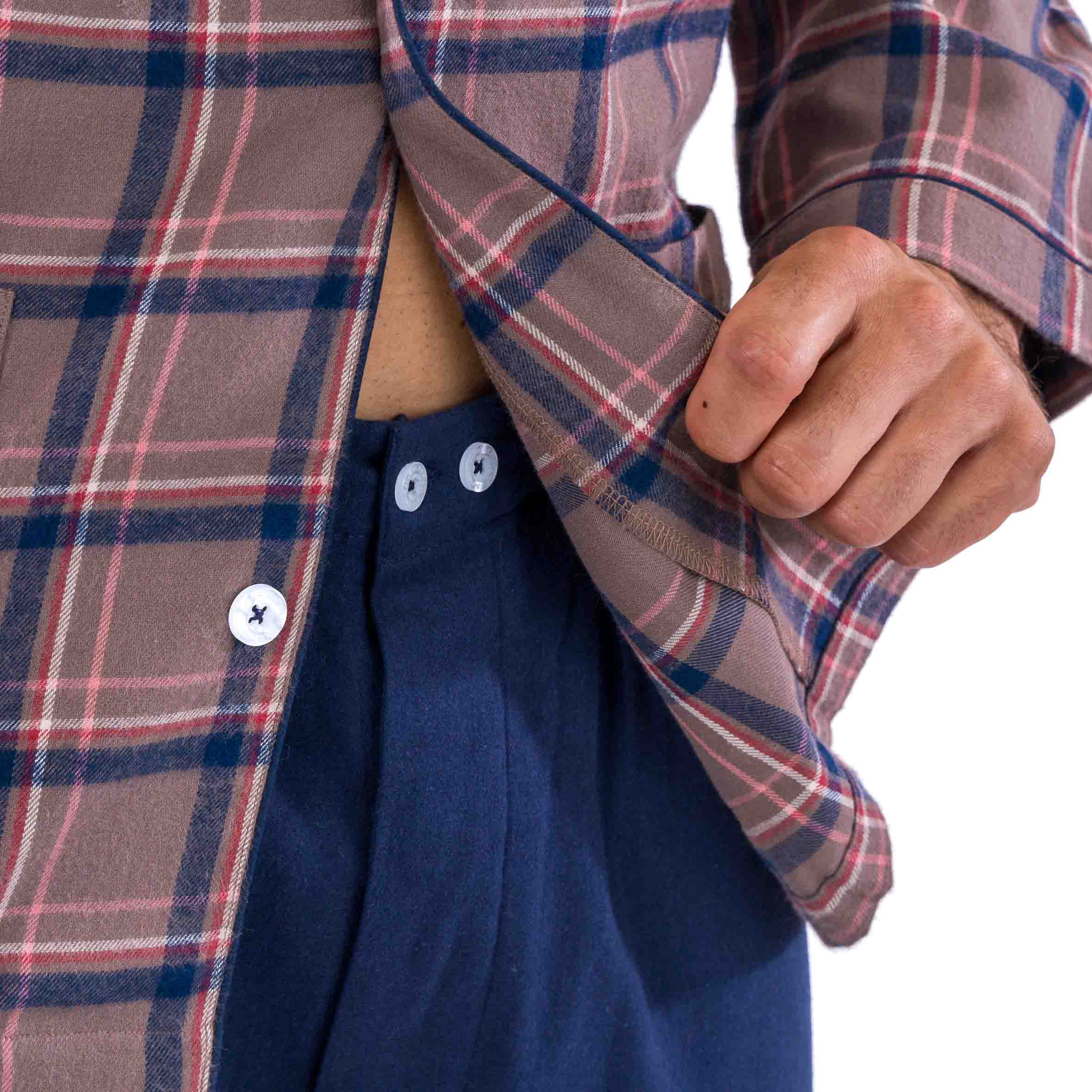 Pyjama Long Ouvert à Carreaux en Flanelle de Pur Coton Peigné Beige et Marine D432