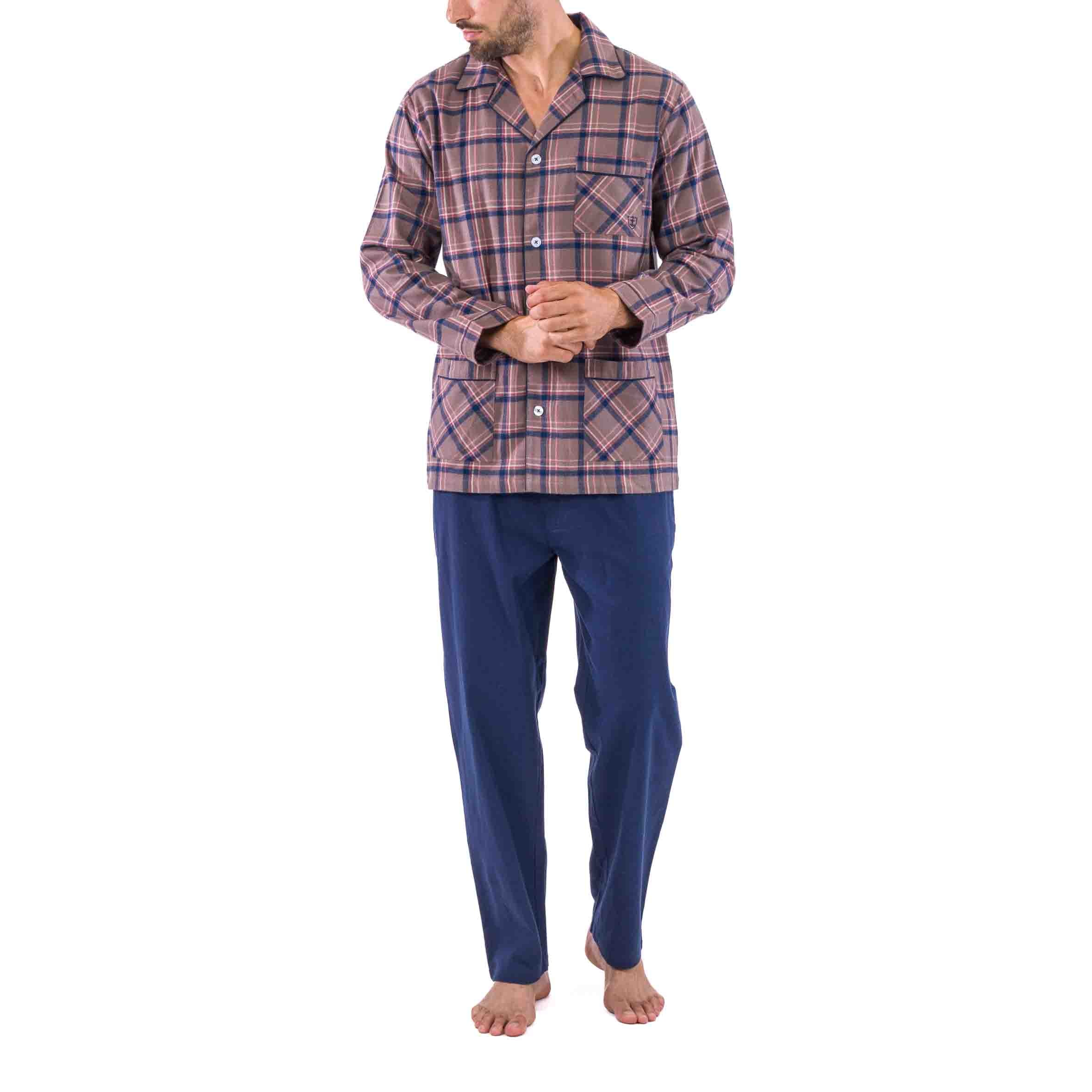 Pyjama Long Ouvert à Carreaux en Flanelle de Pur Coton Peigné Beige et Marine D432