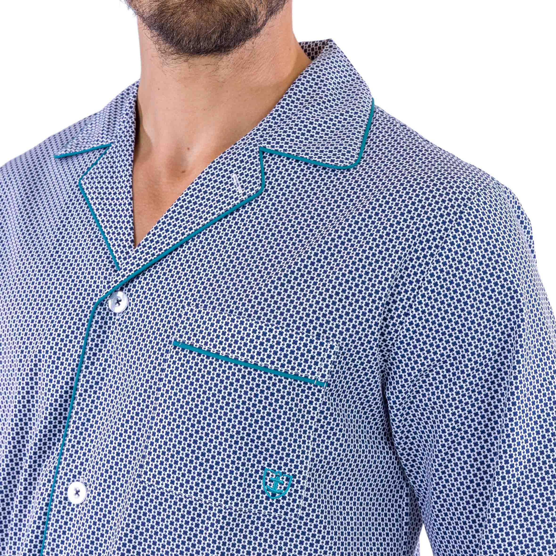 Pyjama Long Ouvert imprimé en popeline Pur Coton Peigné Bleu Marine Petits motifs D434