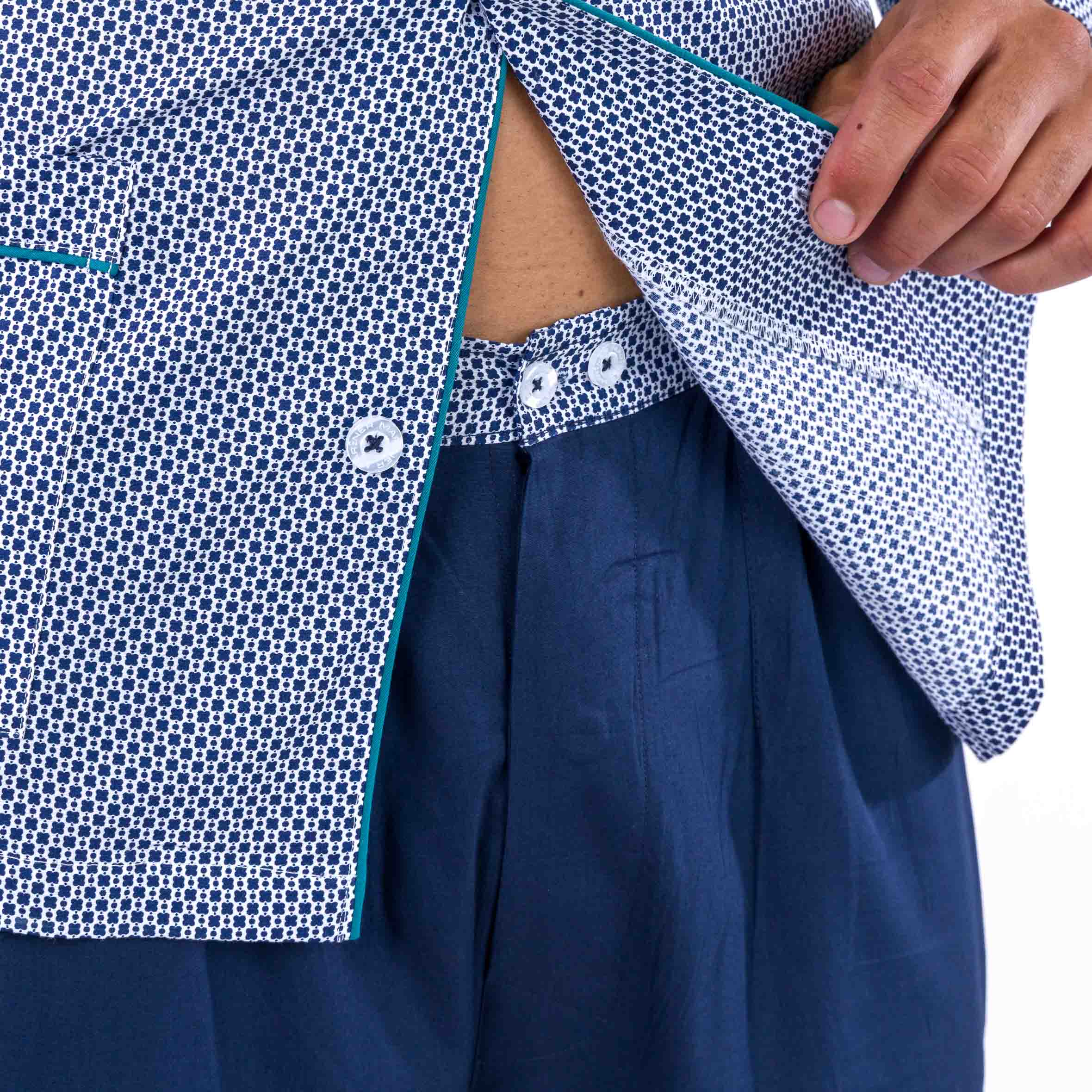 Pyjama Long Ouvert imprimé en popeline Pur Coton Peigné Bleu Marine Petits motifs D434