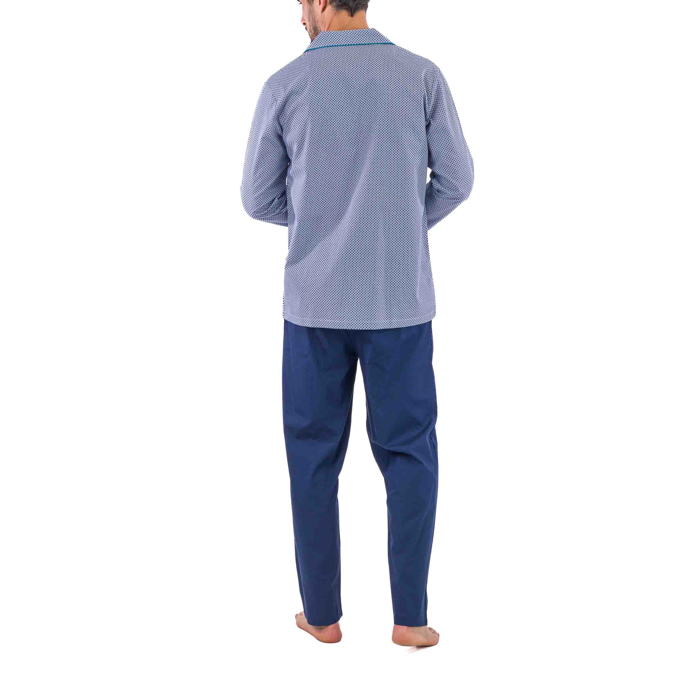 Pyjama Long Ouvert imprimé en popeline Pur Coton Peigné Bleu Marine Petits motifs D434