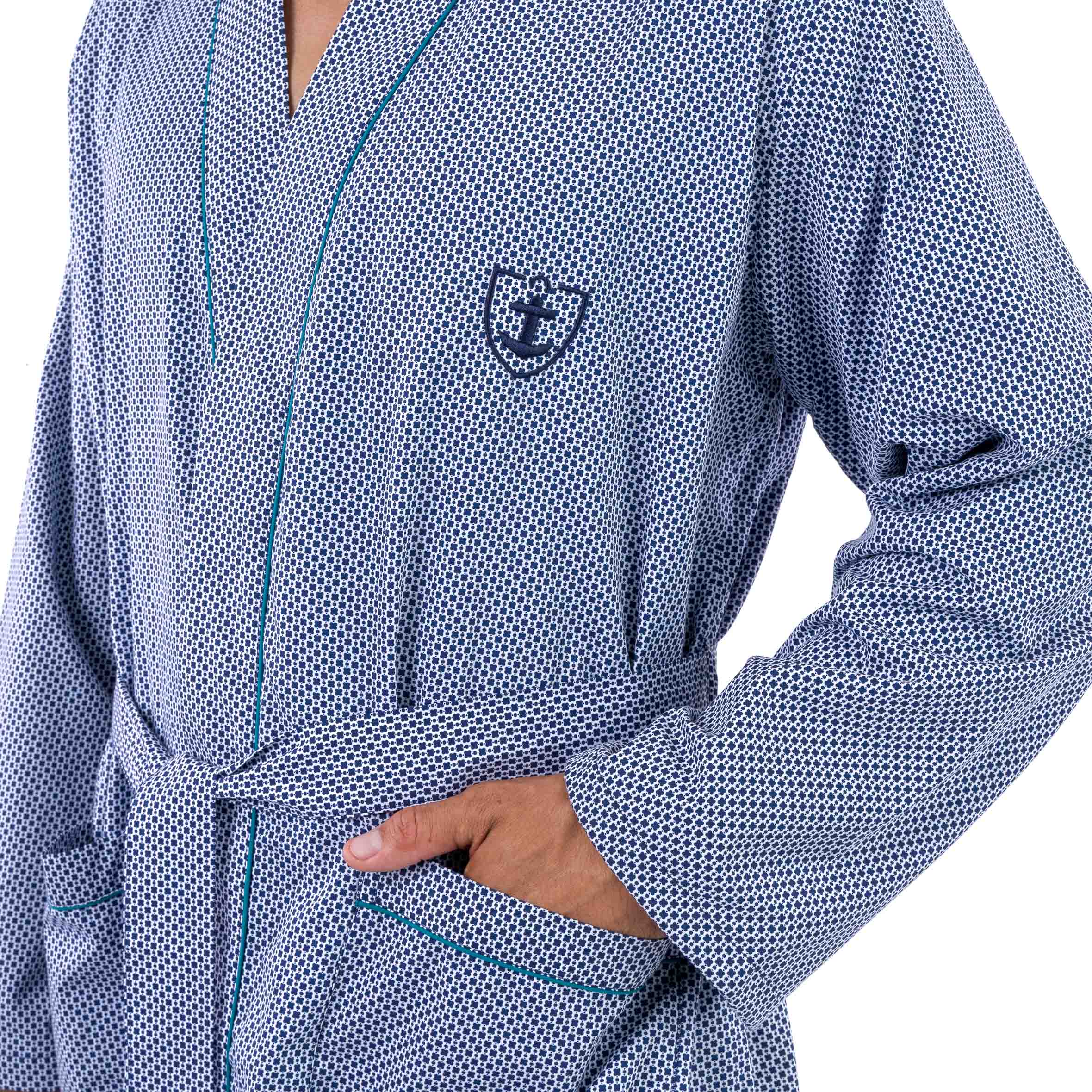 Peignoir en Popeline Imprimée Doublée Eponge BLEU MARINE Petits Motifs D713