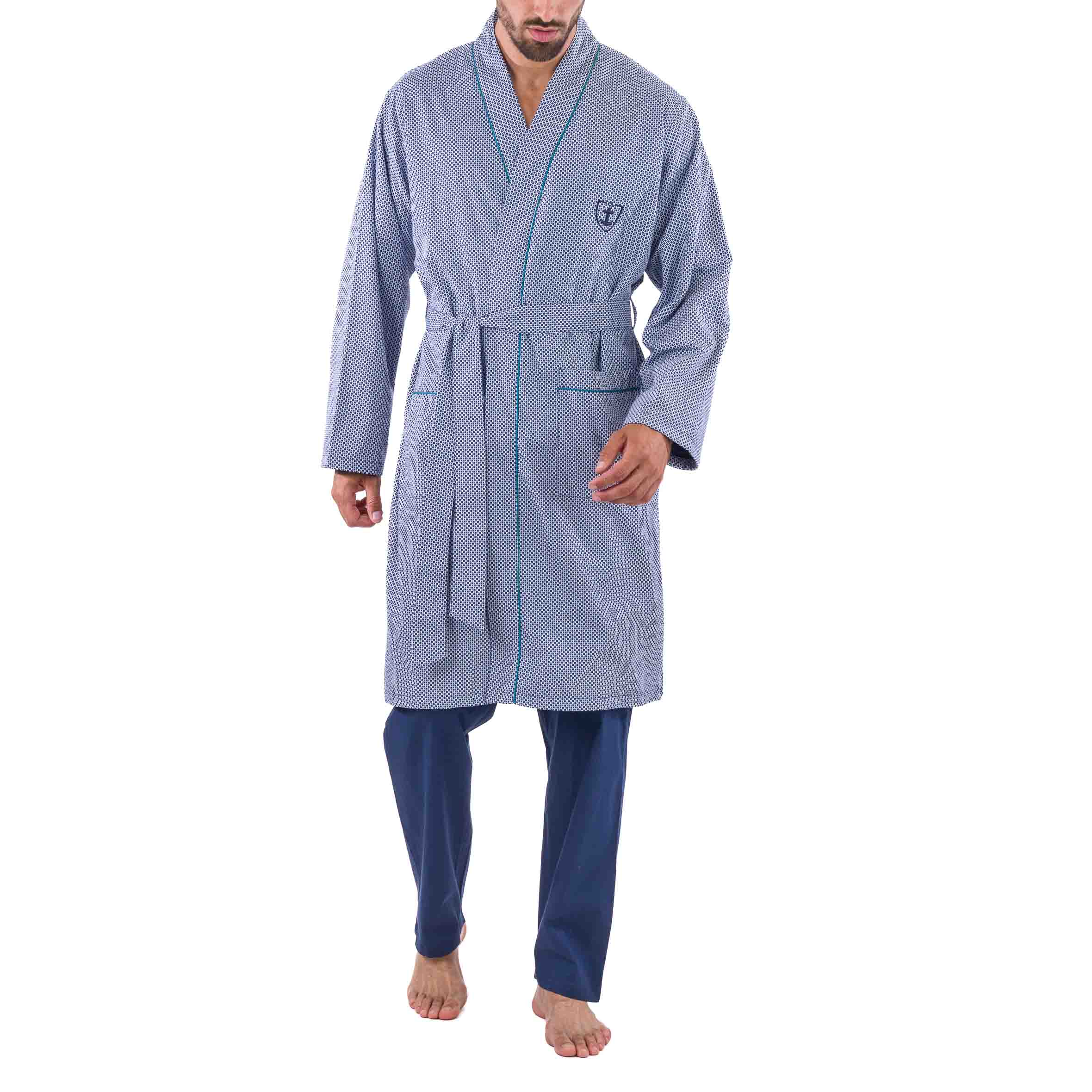 Peignoir en Popeline Imprimée Doublée Eponge BLEU MARINE Petits Motifs D713