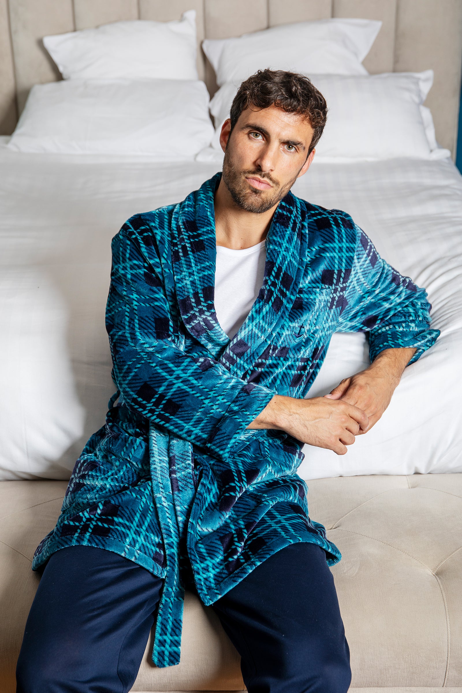 Kimono col châle en Micro Polaire Imprimée Ecossais Bleu D714