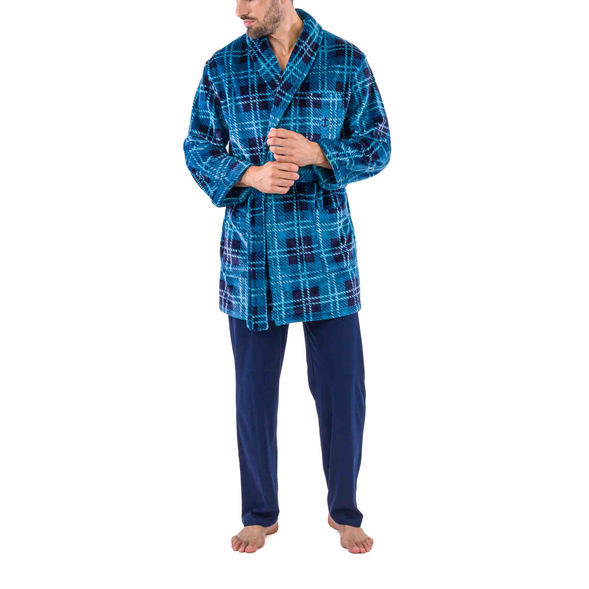 Blue Plaid Printed Micro Fleece Shawl Collar Kimono