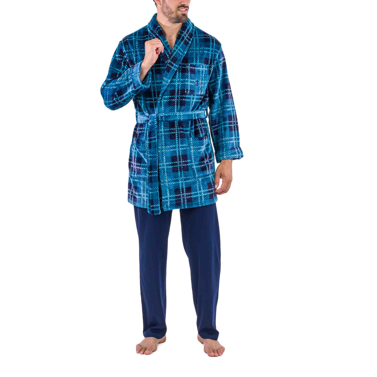 Blue Plaid Printed Micro Fleece Shawl Collar Kimono