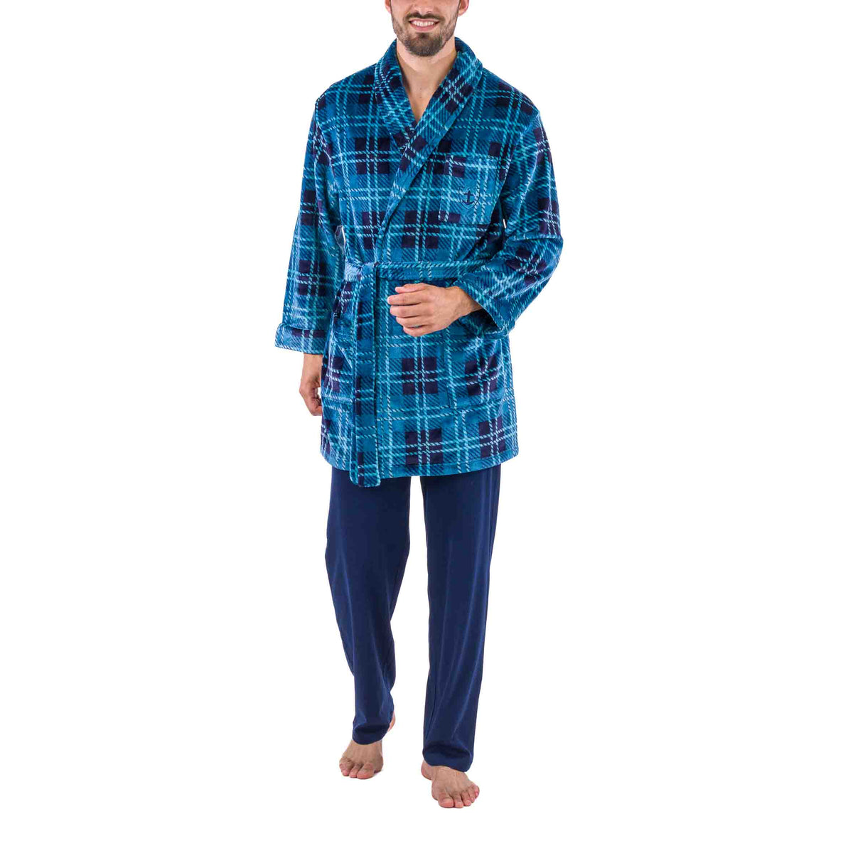 Blue Plaid Printed Micro Fleece Shawl Collar Kimono