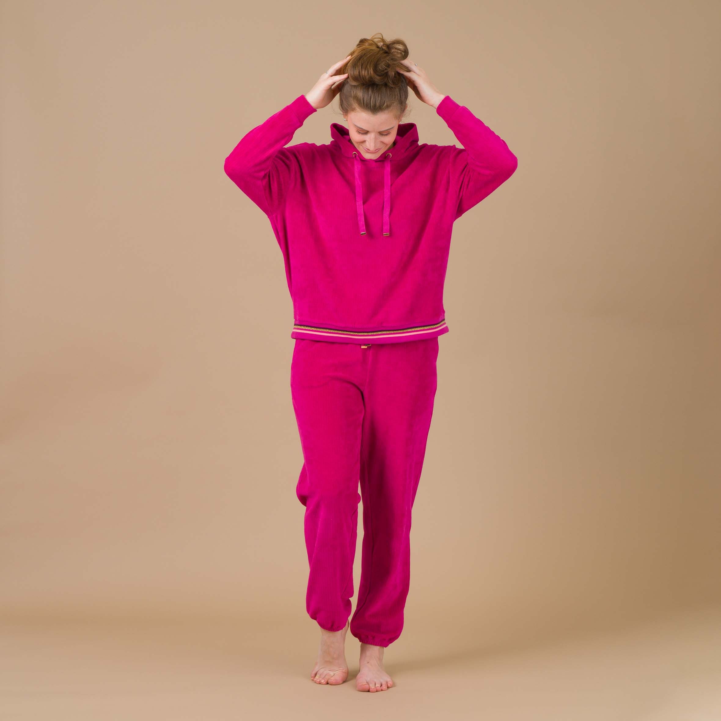 Ensemble Jogging Femme avec Capuche en Velours Cotelé FUSHIA