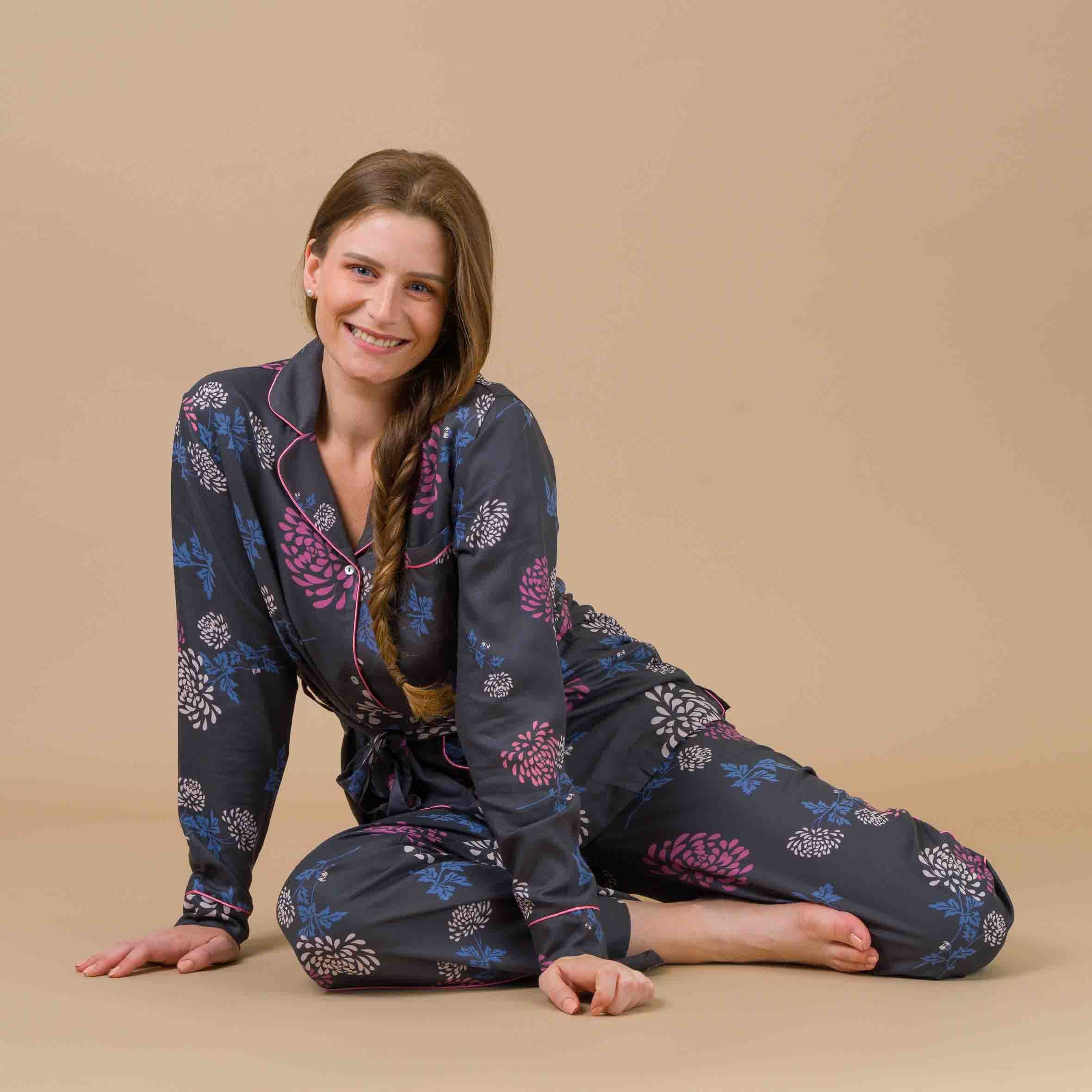 Pyjama Femme Boutonné en Viscose Imprimée GRIS ANTHRACITE DF428